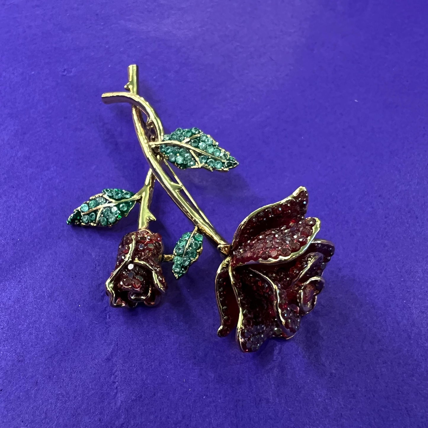 Vintage Butler and Wilson Red Rose Crystal Brooch, gold tone metal with rhinestones