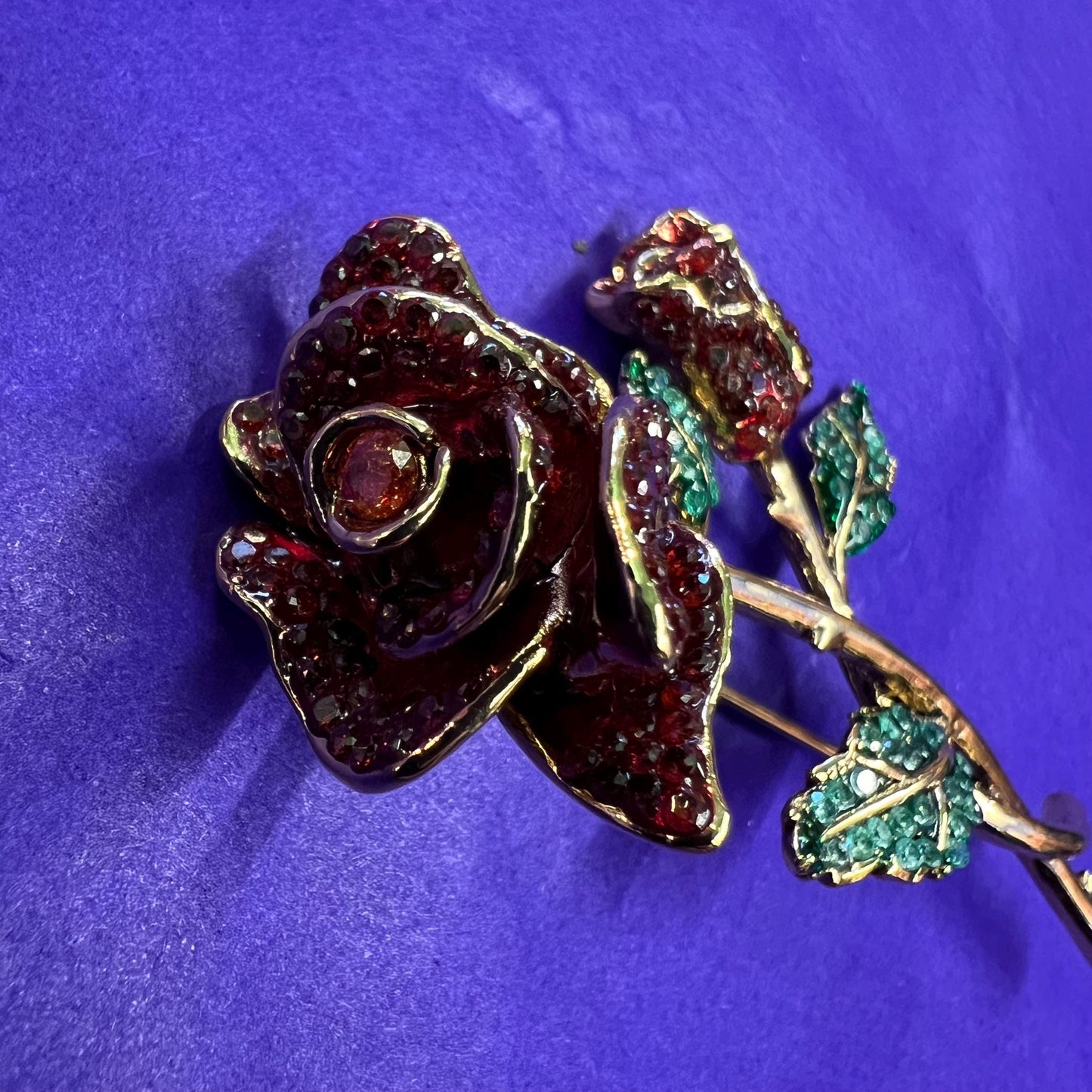 Vintage Butler and Wilson Red Rose Crystal Brooch, gold tone metal with rhinestones