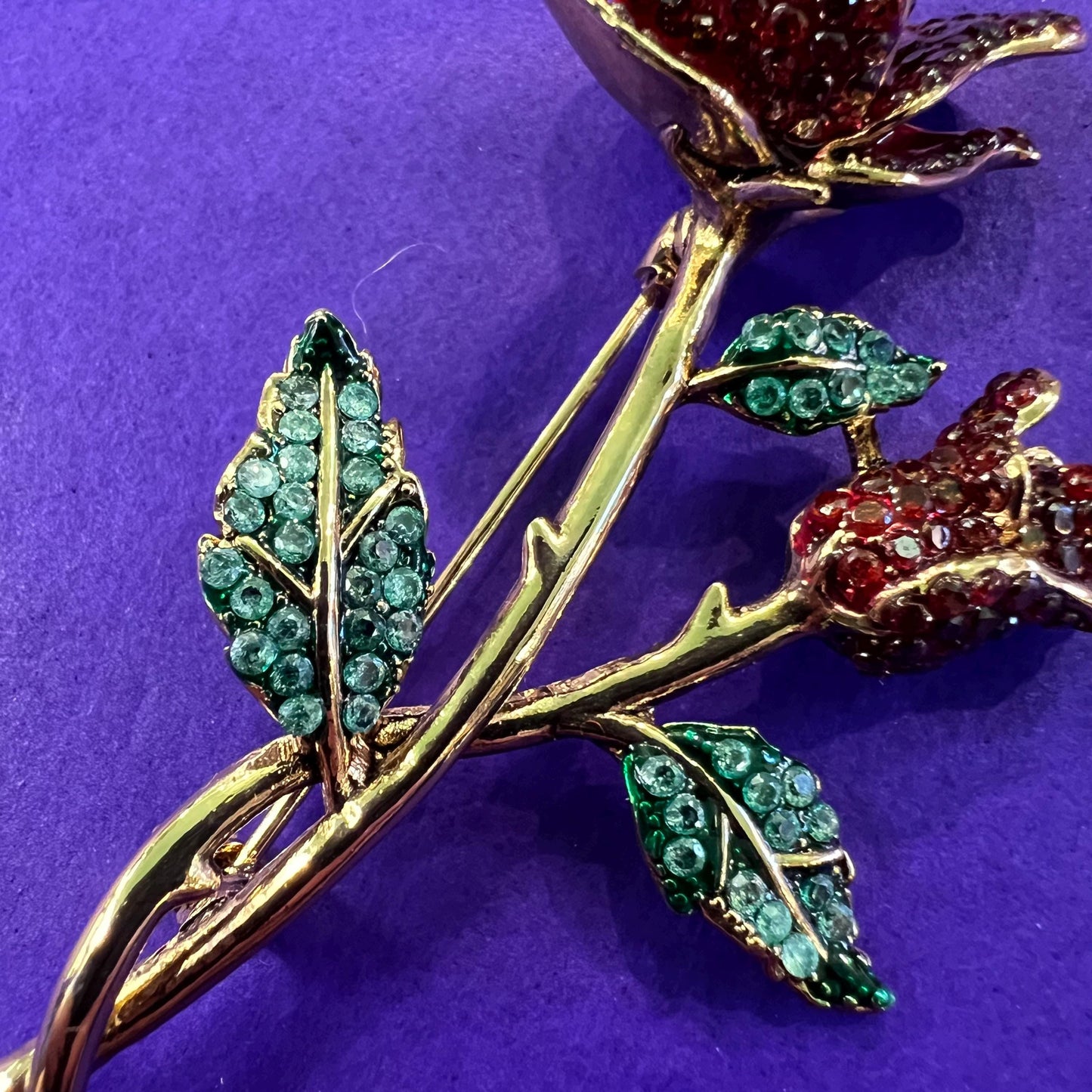Vintage Butler and Wilson Red Rose Crystal Brooch, gold tone metal with rhinestones