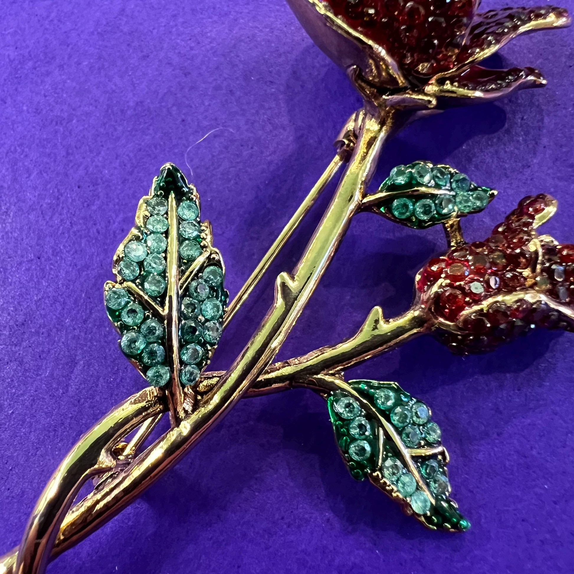 Vintage Butler and Wilson Red Rose Crystal Brooch, gold tone metal with rhinestones