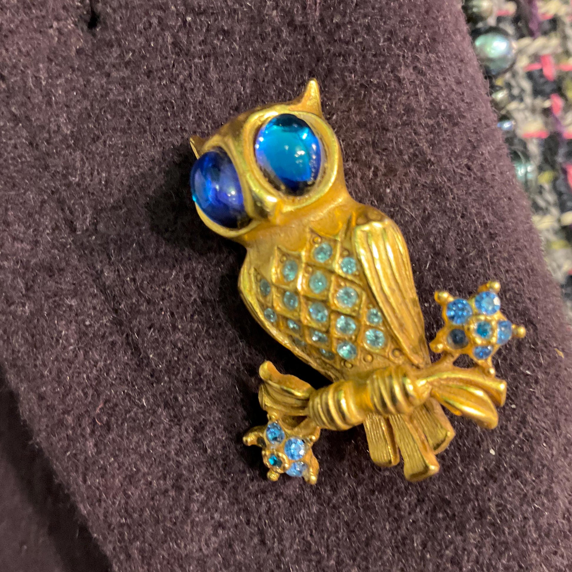 Vintage Butler and Wilson Crystal Owl Brooch, Gold Tone with iridescent blue rhinestones