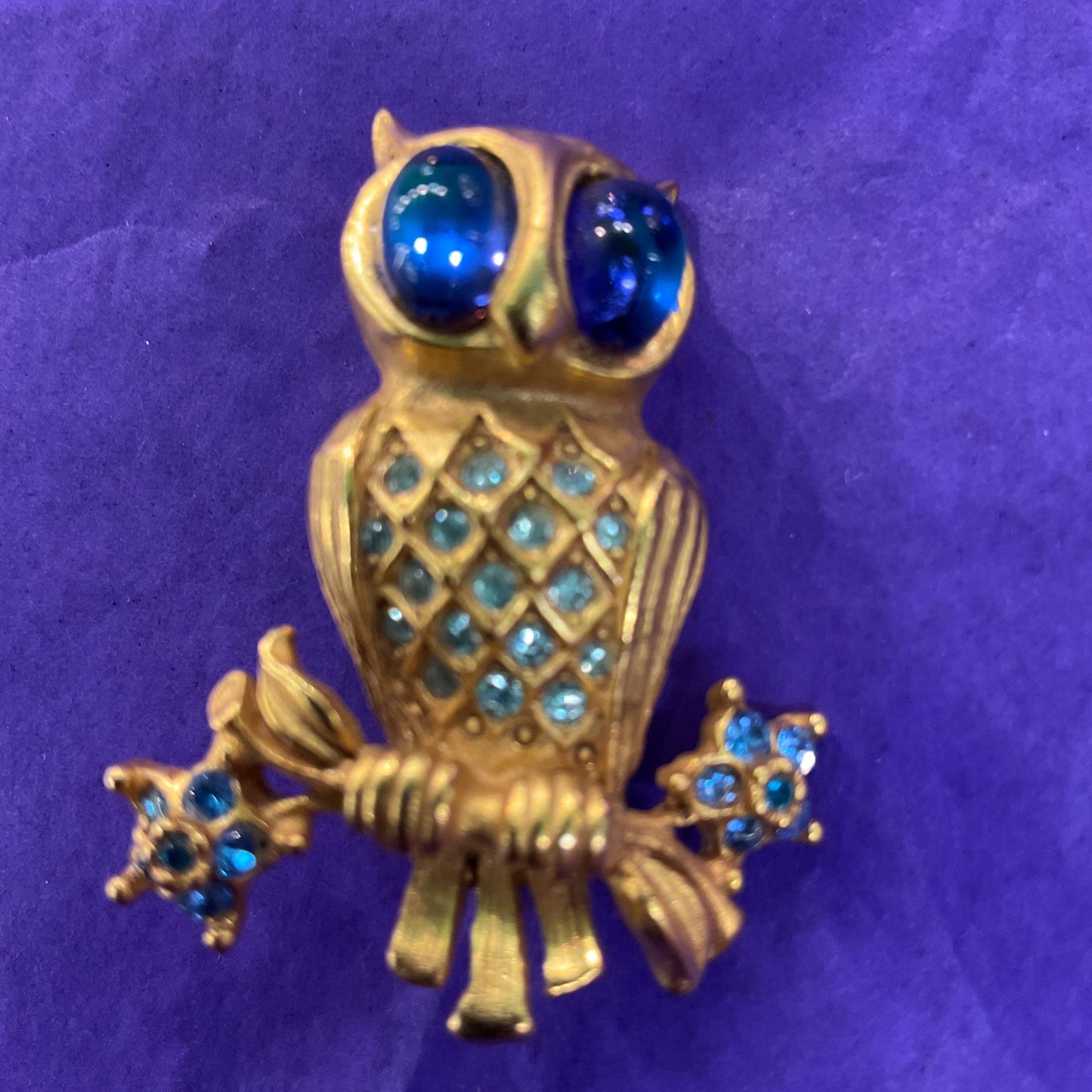 Vintage Butler and Wilson Crystal Owl Brooch, Gold Tone with iridescent blue rhinestones