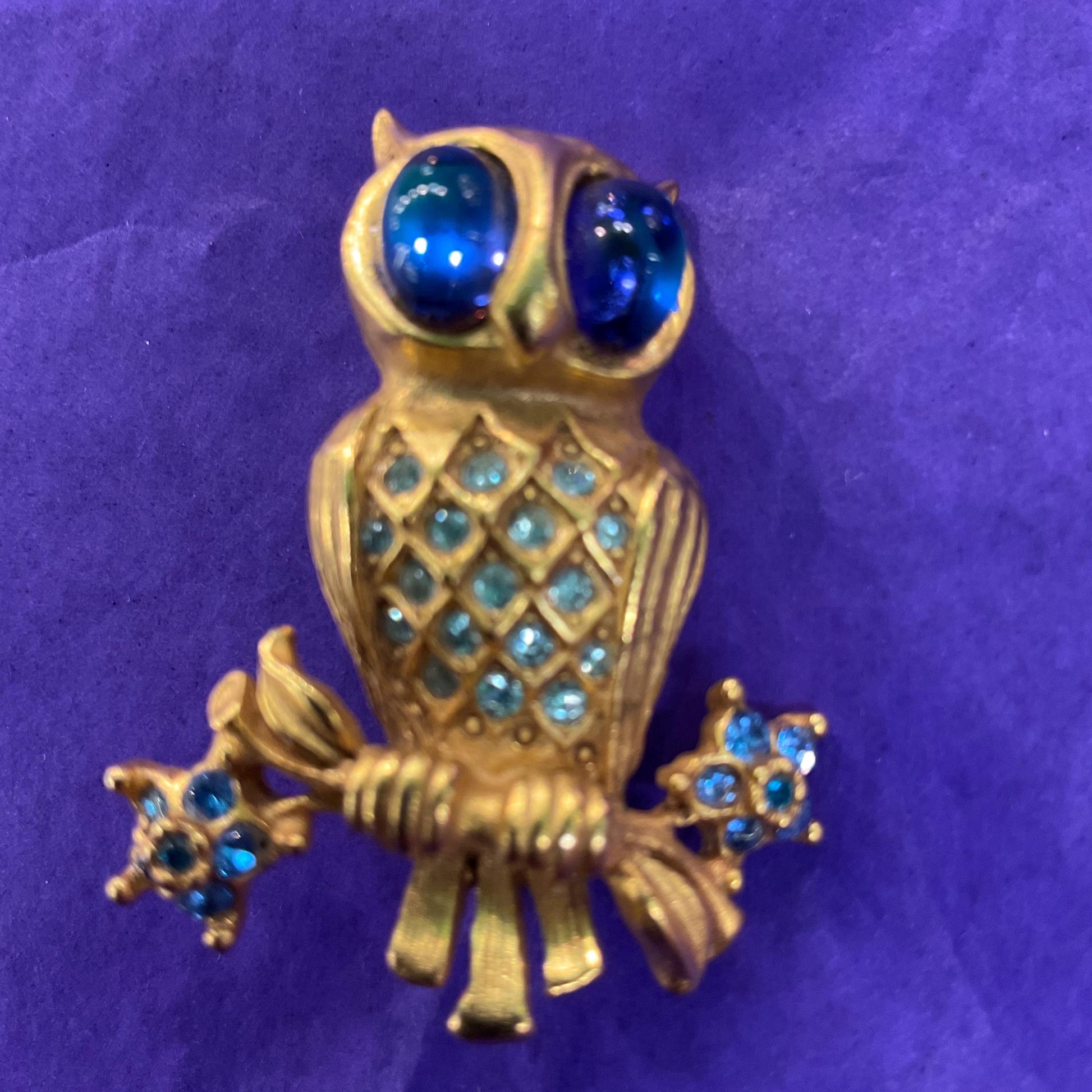Vintage Butler and Wilson Crystal Owl Brooch, Gold Tone with iridescent blue rhinestones