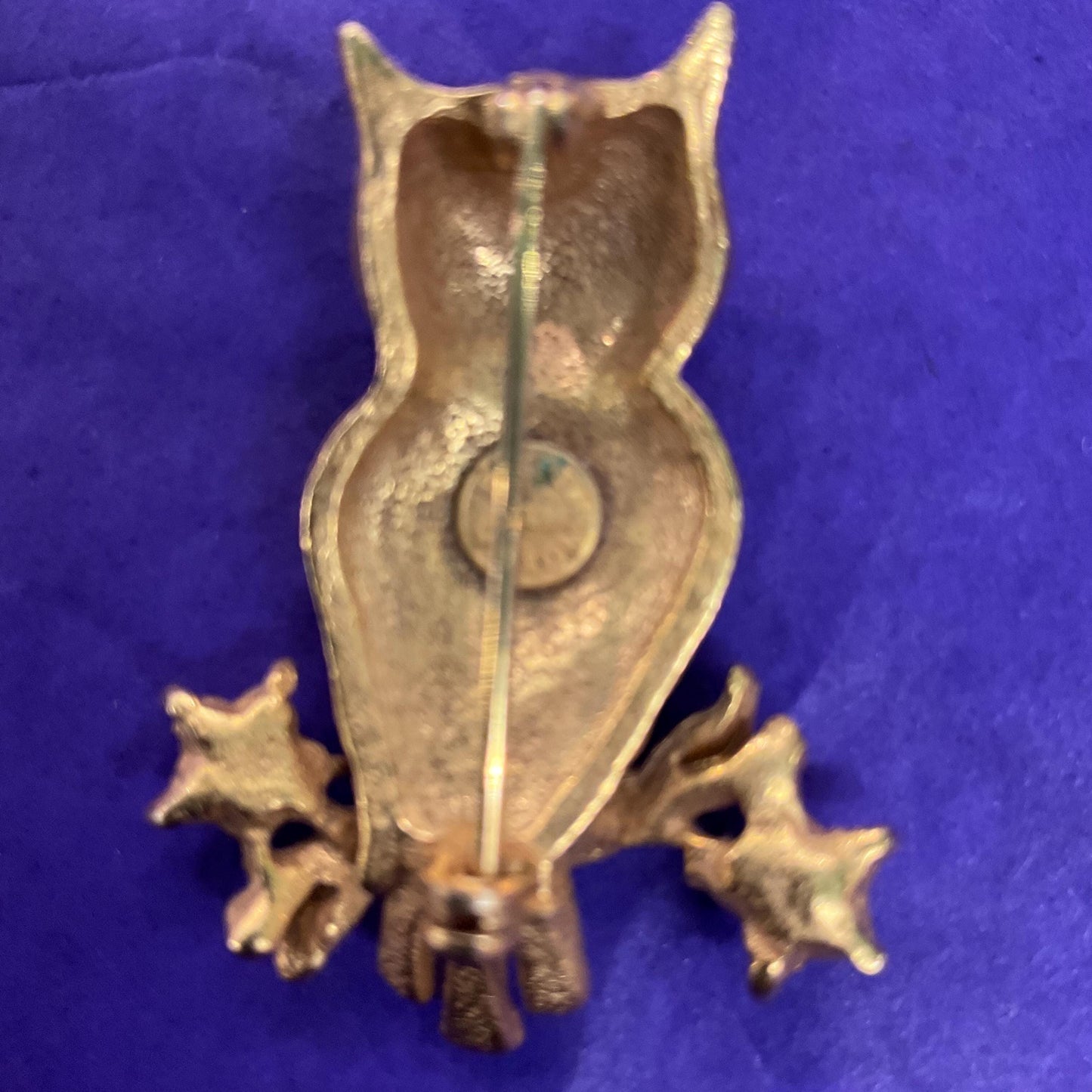 Vintage Butler and Wilson Crystal Owl Brooch, Gold Tone with iridescent blue rhinestones