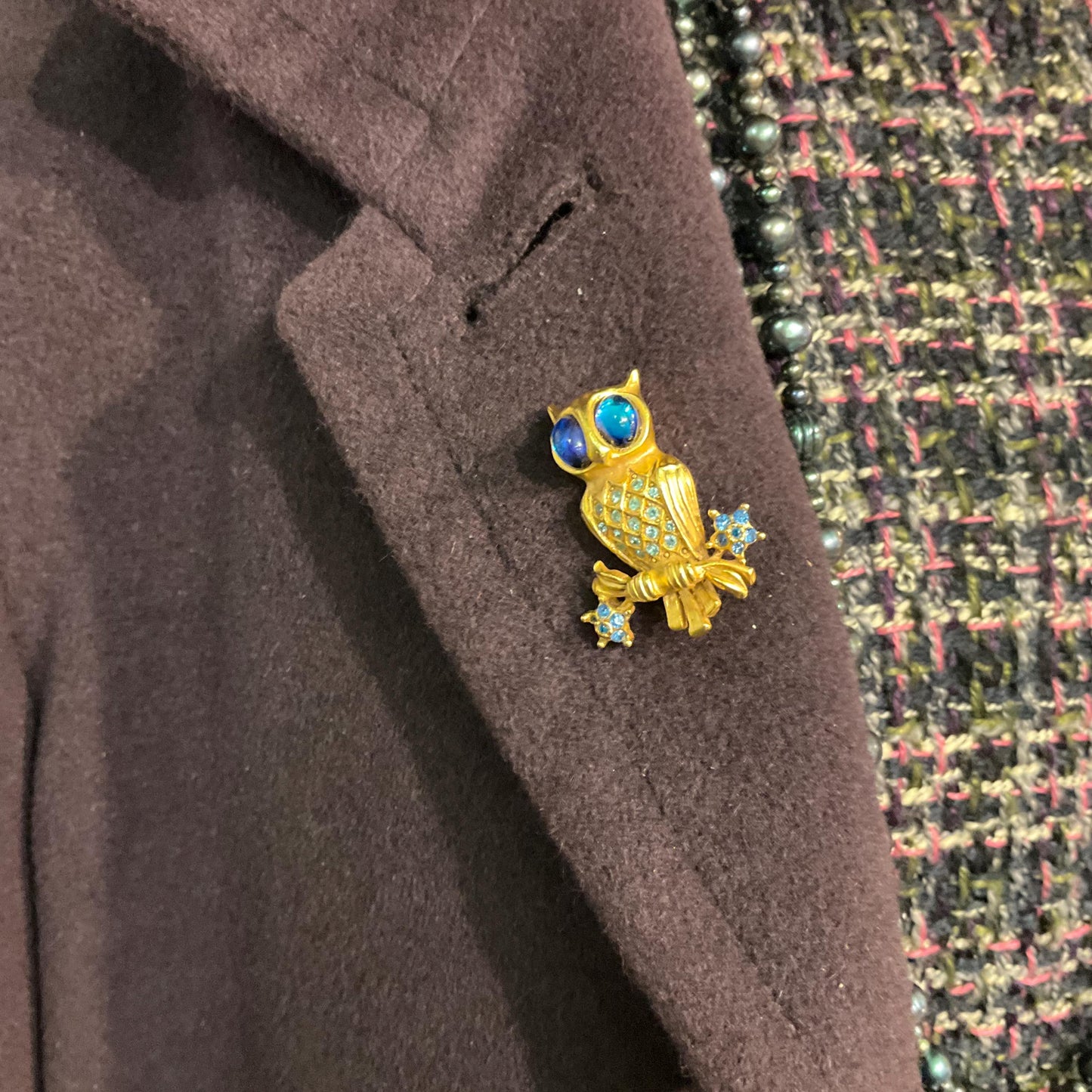 Vintage Butler and Wilson Crystal Owl Brooch, Gold Tone with iridescent blue rhinestones
