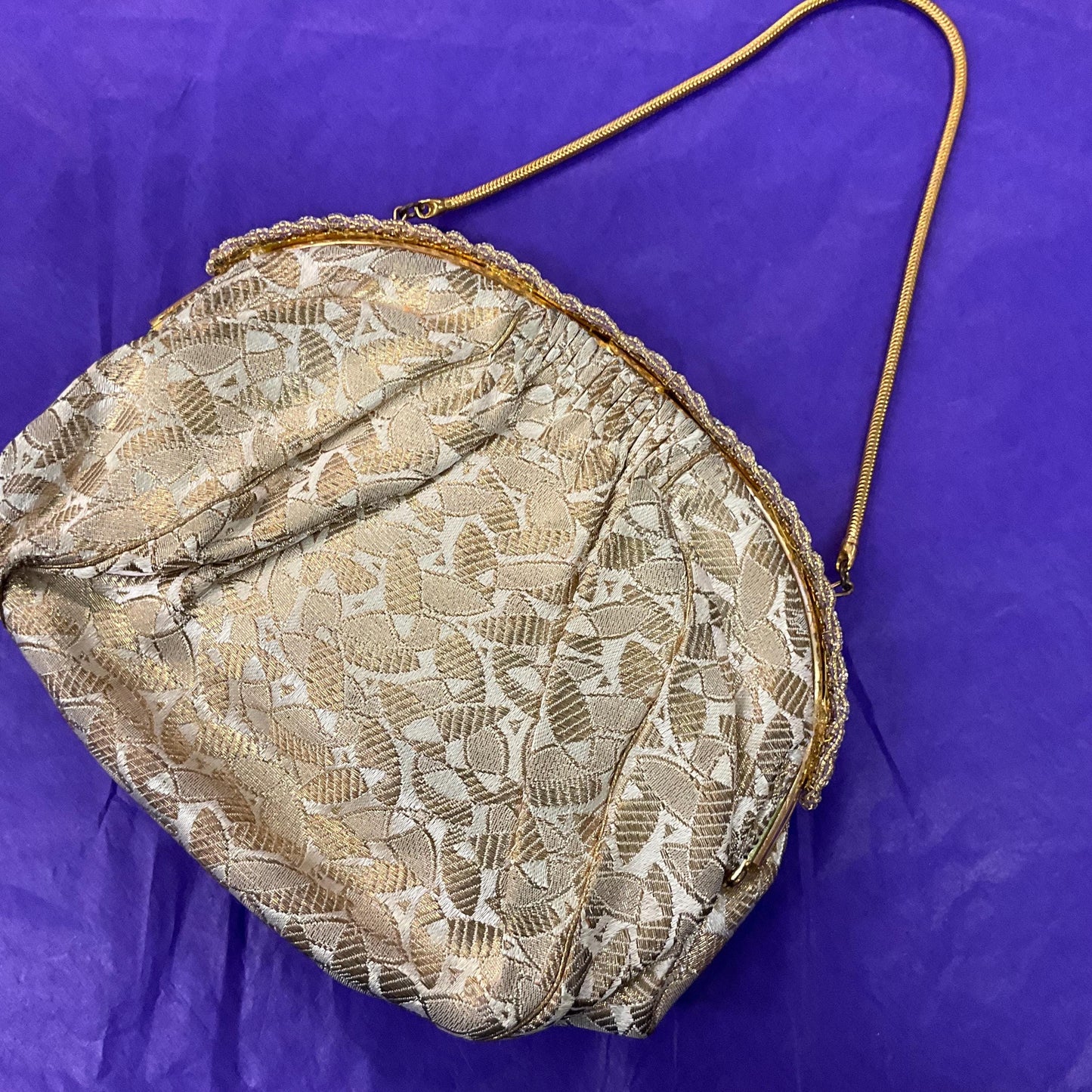 Vintage 1930s/40s French Gold and Ivory Brocade Evening Bag with Silver crystals