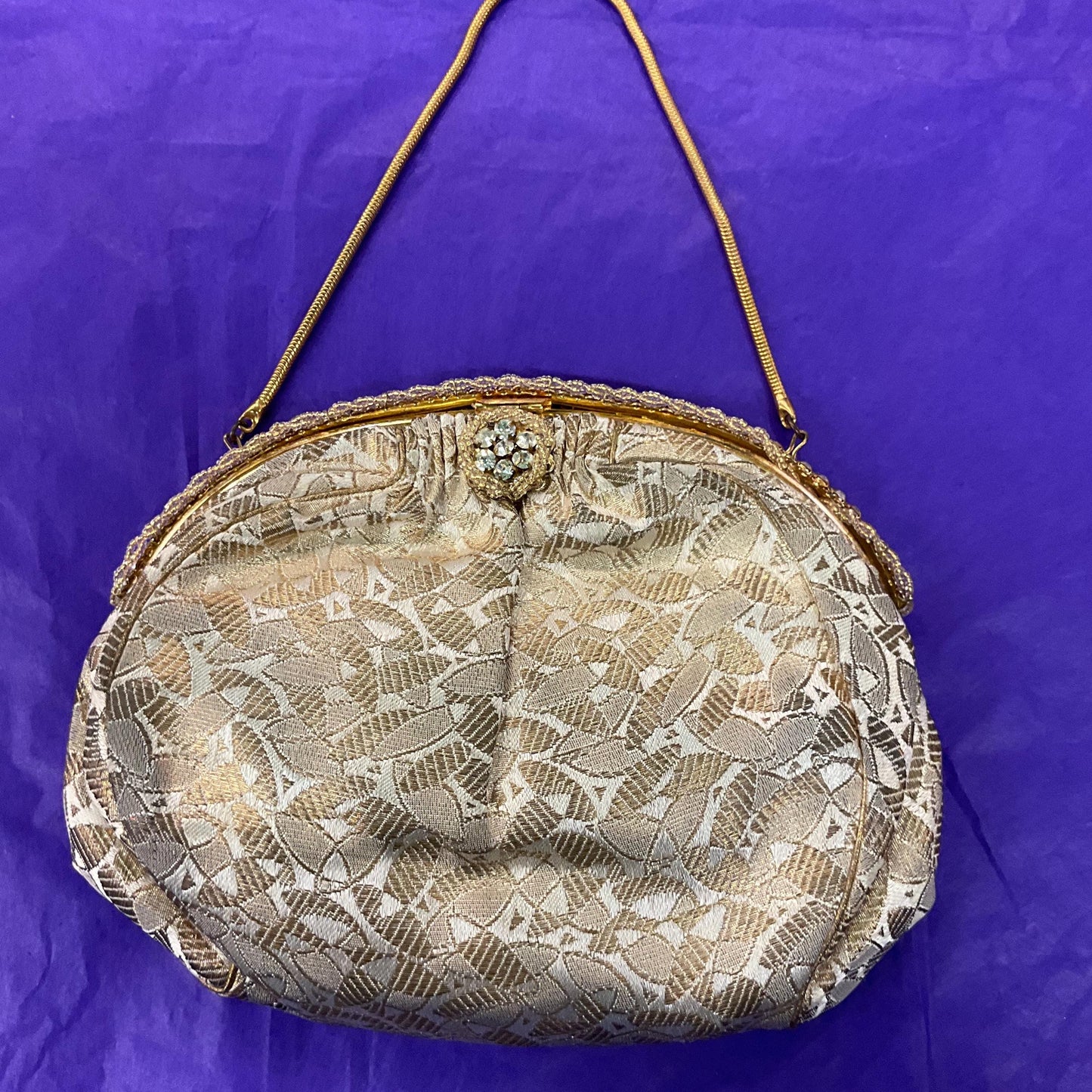 Vintage 1930s/40s French Gold and Ivory Brocade Evening Bag with Silver crystals