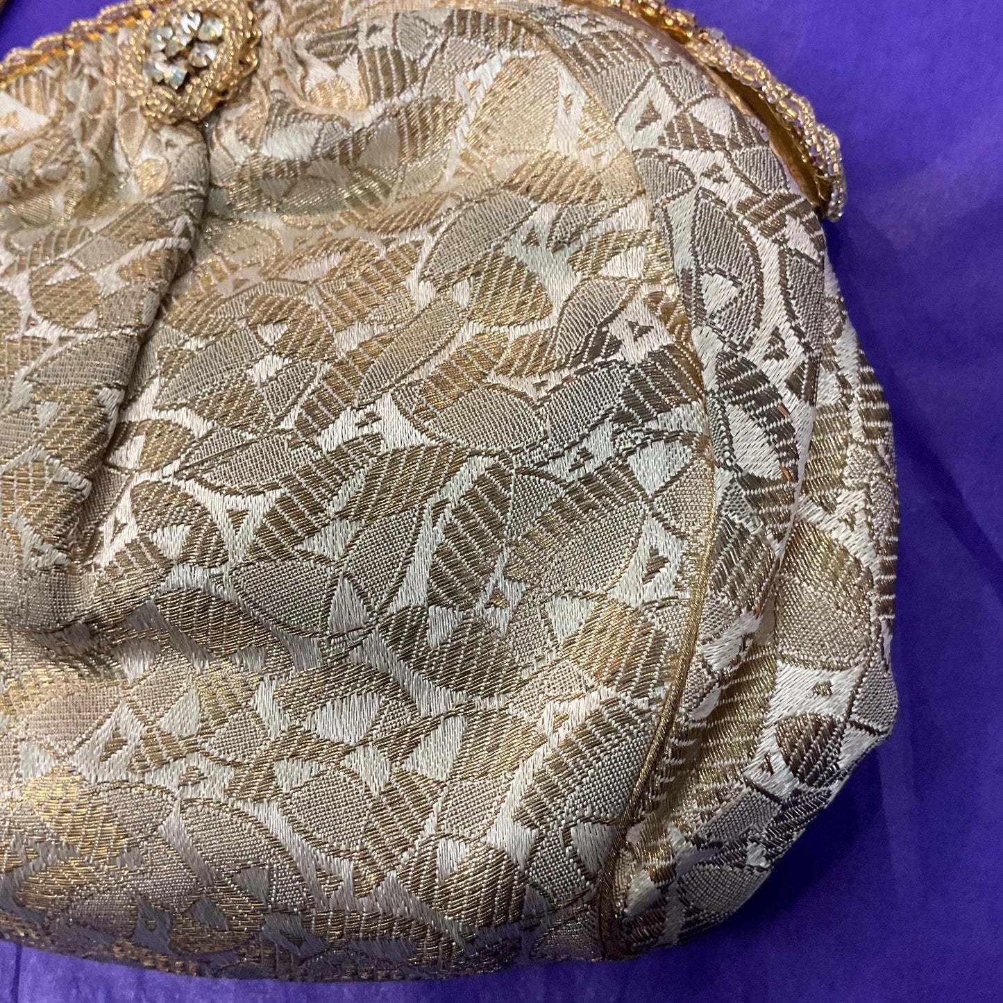 Vintage 1930s/40s French Gold and Ivory Brocade Evening Bag with Silver crystals