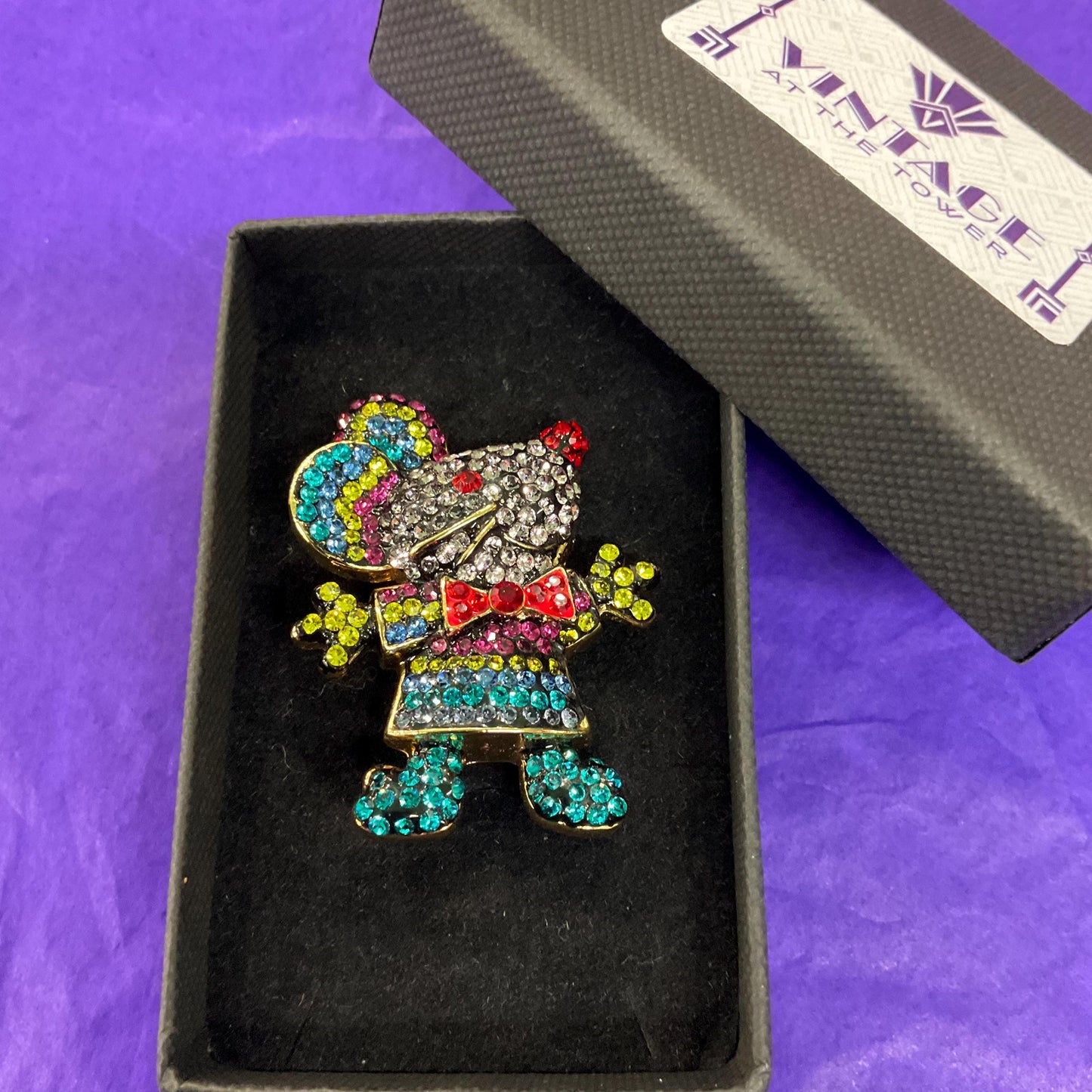 Vintage Butler and Wilson Rainbow Crystal Mouse Brooch, Gold tone with vibrant multicoloured rhinestones