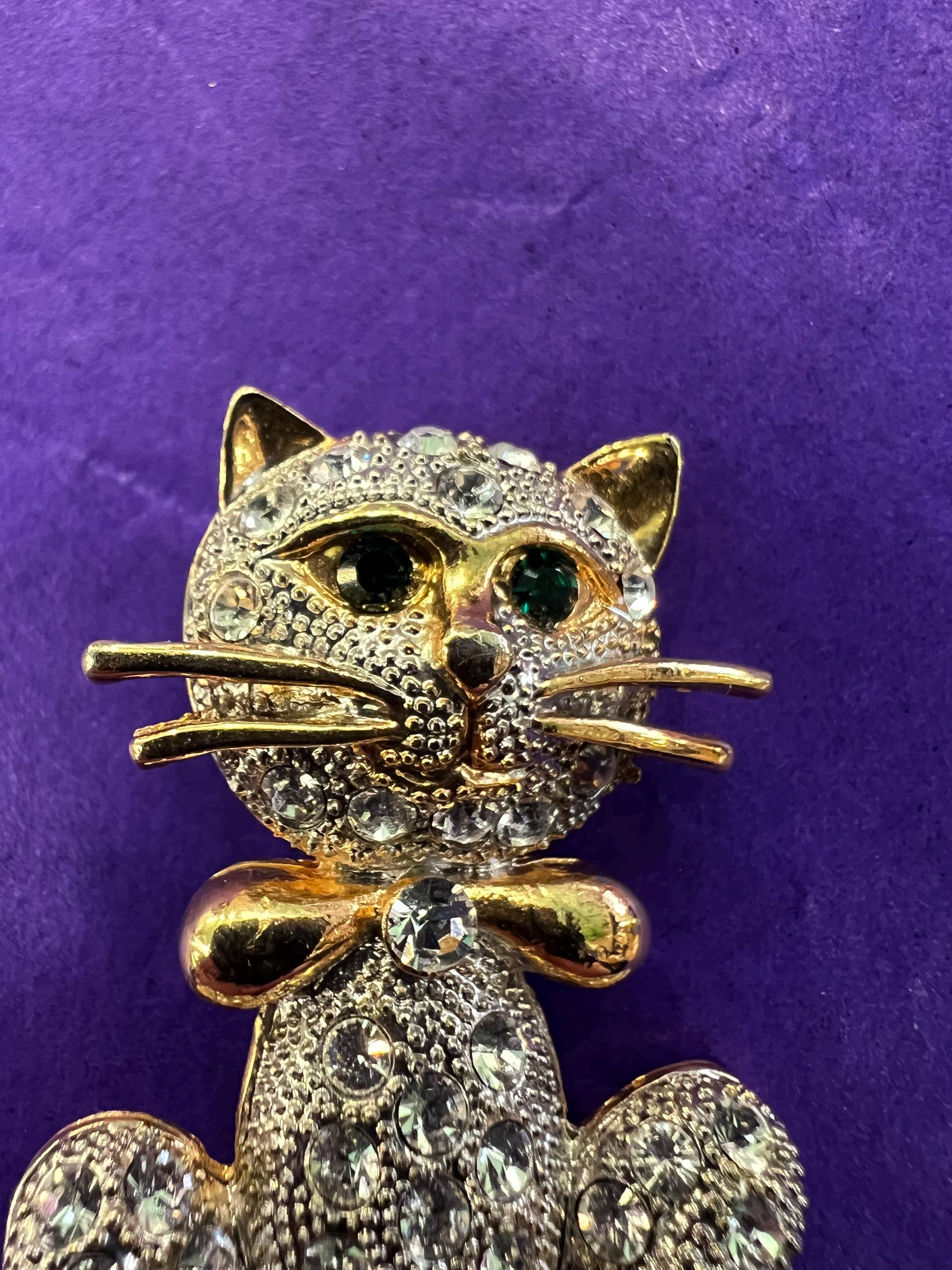 Vintage 1980s Crystal Cat Brooch, Gold Tone and Crystal, as new in a gift box