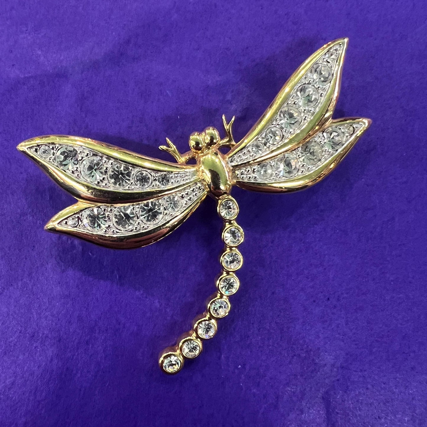 Vintage 1980s Large Crystal Dragonfly Brooch, gold tone with crystals