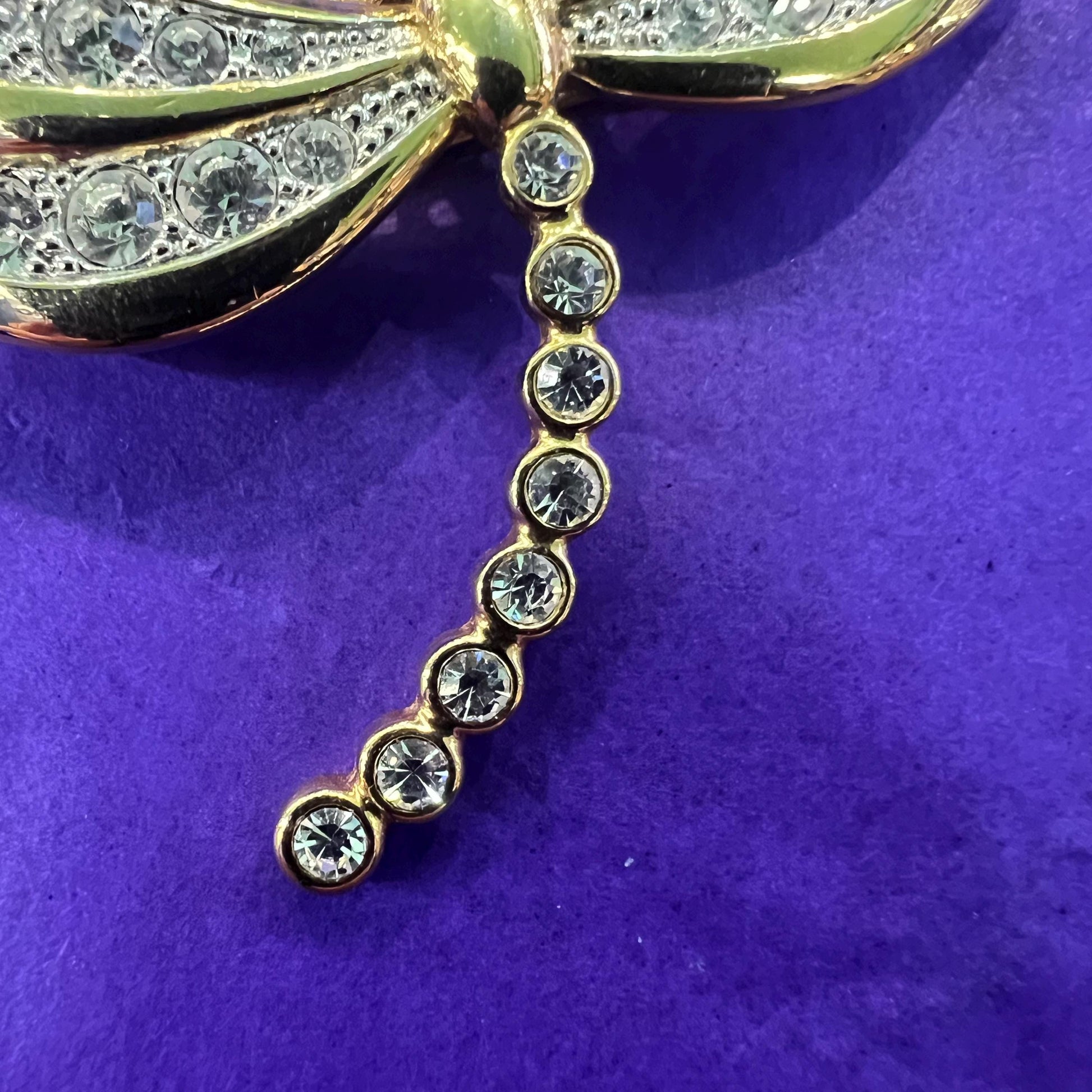 Vintage 1980s Large Crystal Dragonfly Brooch, gold tone with crystals