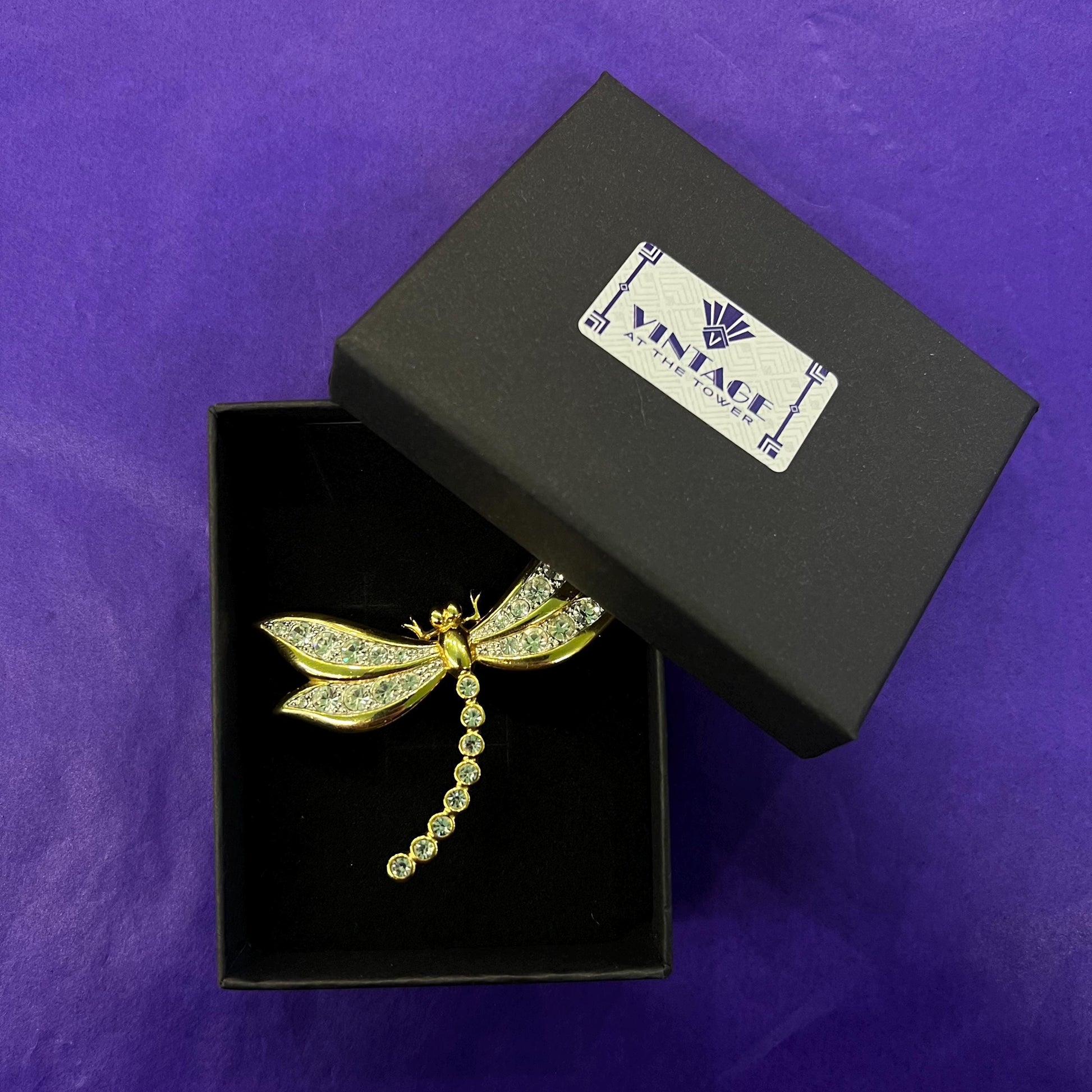 Vintage 1980s Large Crystal Dragonfly Brooch, gold tone with crystals