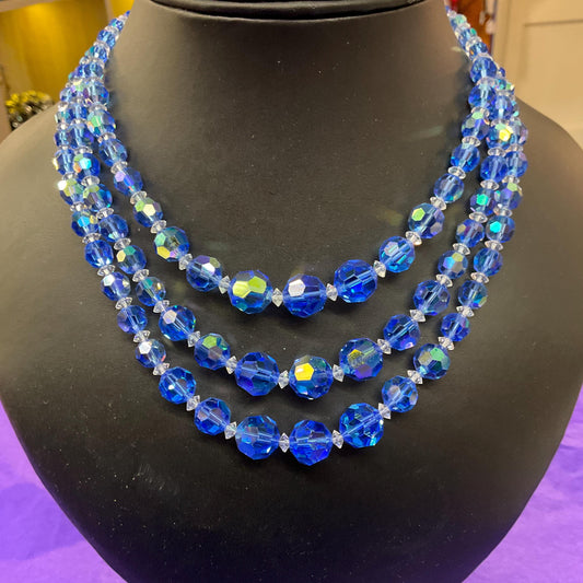Vintage 1950s Triple Strand Blue Borealis Crystal Necklace Aurora Borealis Clasp