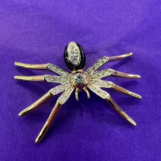 Vintage 1980s Crystal Spider Brooch, gold tone with enamel and crystal