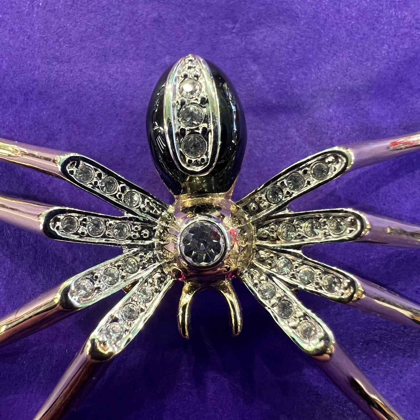 Vintage 1980s Crystal Spider Brooch, gold tone with enamel and crystal