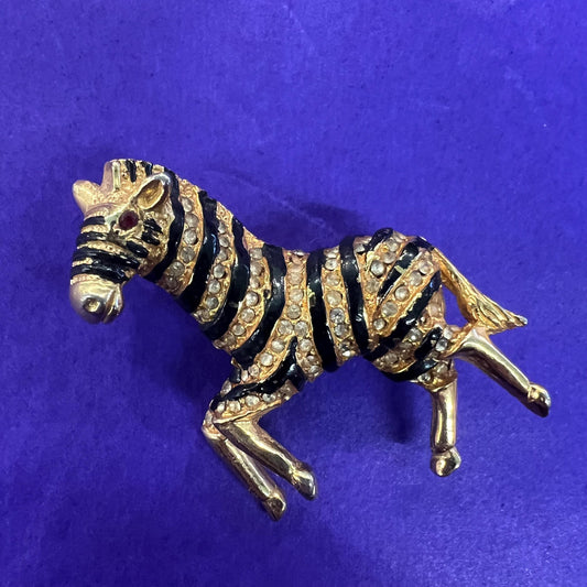 Vintage 1980s Crystal Zebra Brooch, gold tone with black enamel and rhinestones