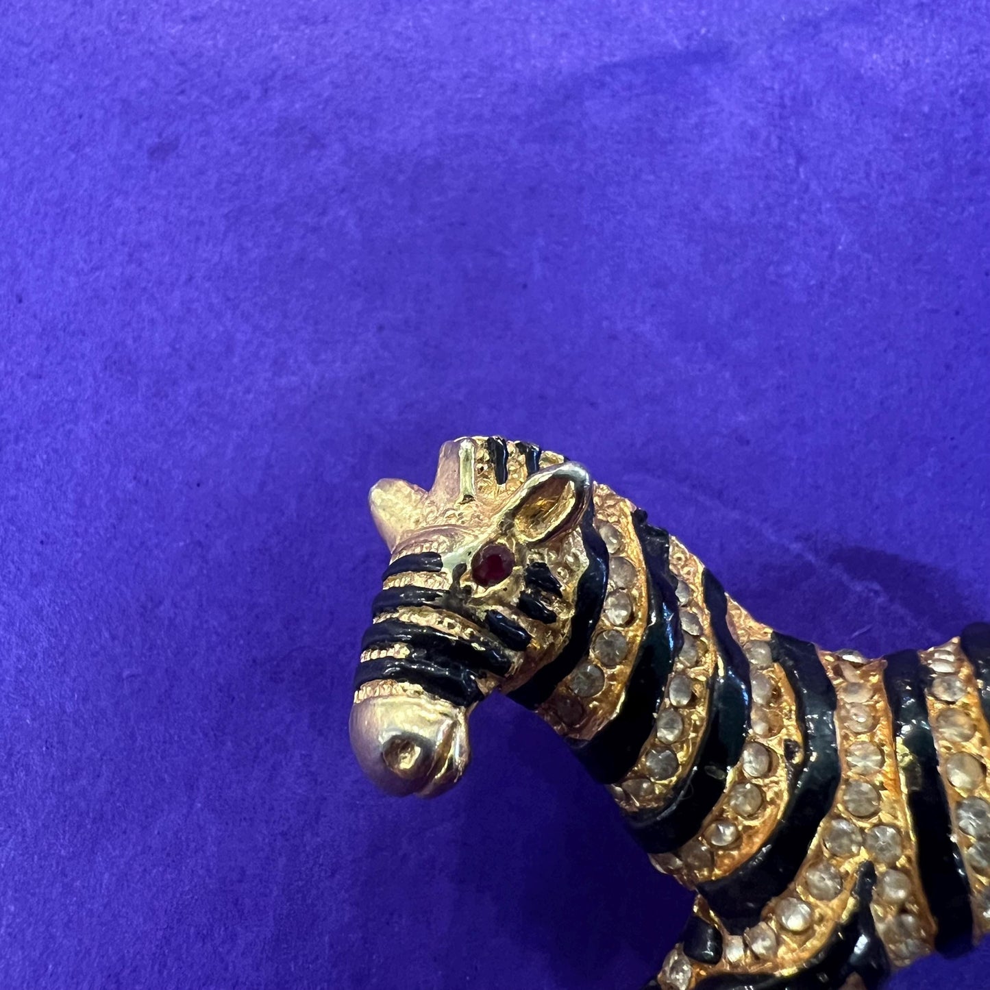Vintage 1980s Crystal Zebra Brooch, gold tone with black enamel and rhinestones