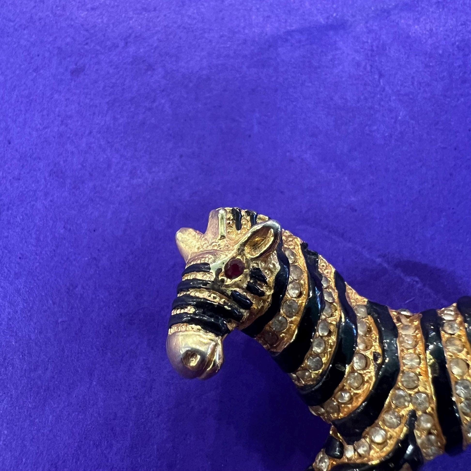 Vintage 1980s Crystal Zebra Brooch, gold tone with black enamel and rhinestones