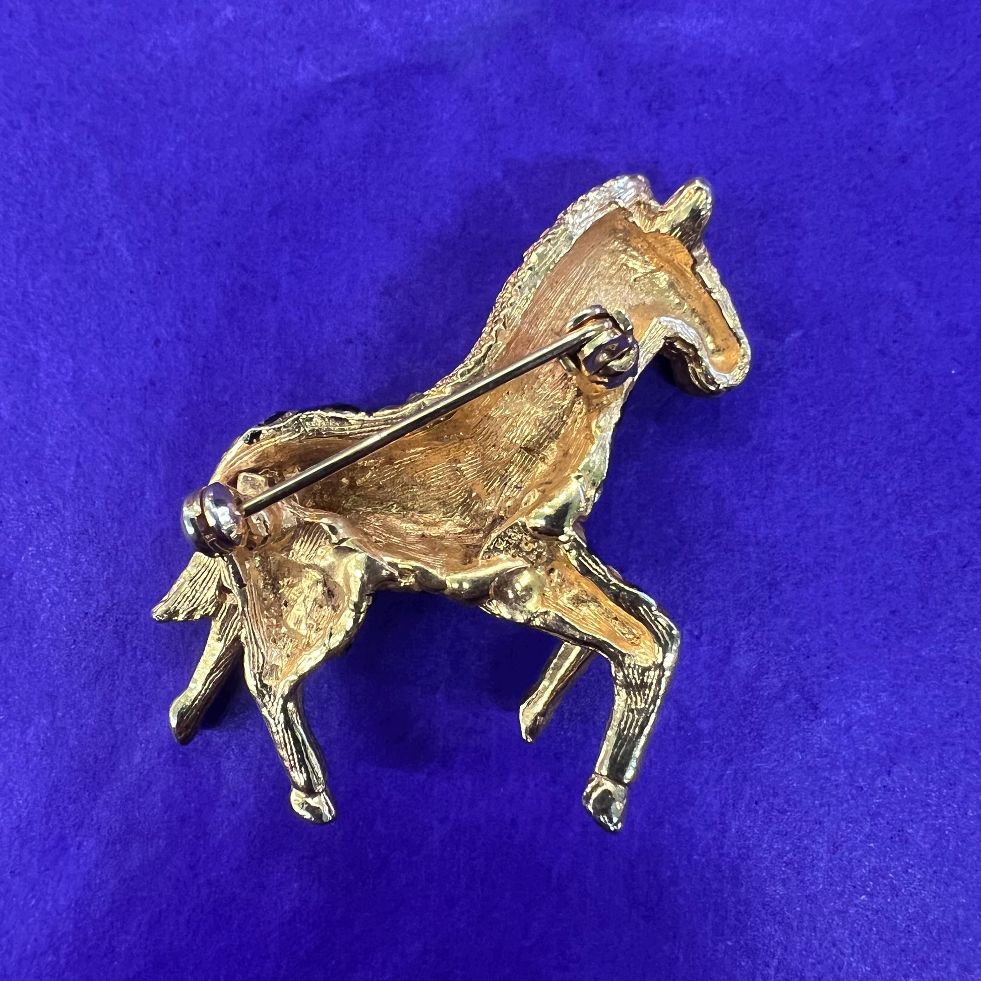 Vintage 1980s Crystal Zebra Brooch, gold tone with black enamel and rhinestones