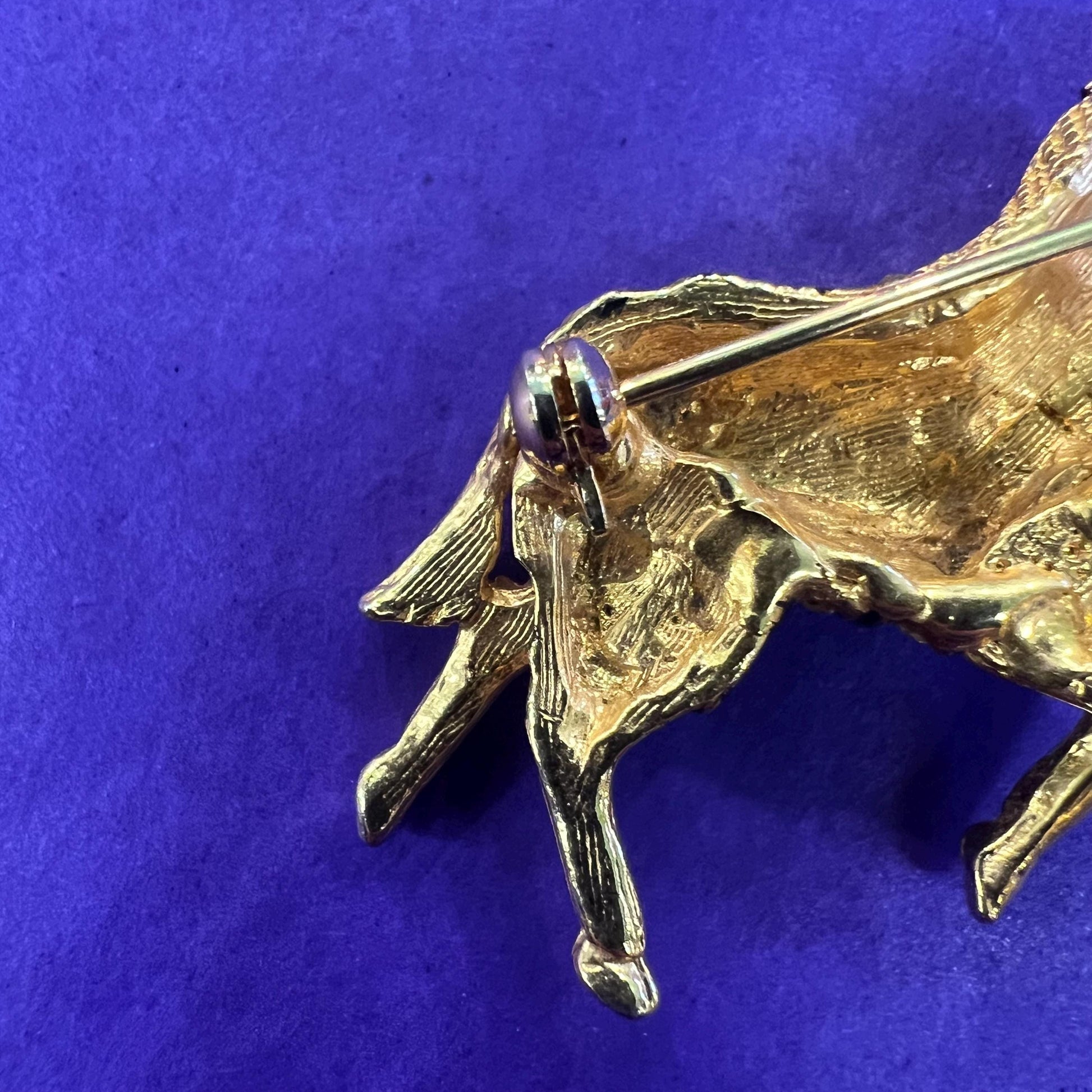 Vintage 1980s Crystal Zebra Brooch, gold tone with black enamel and rhinestones