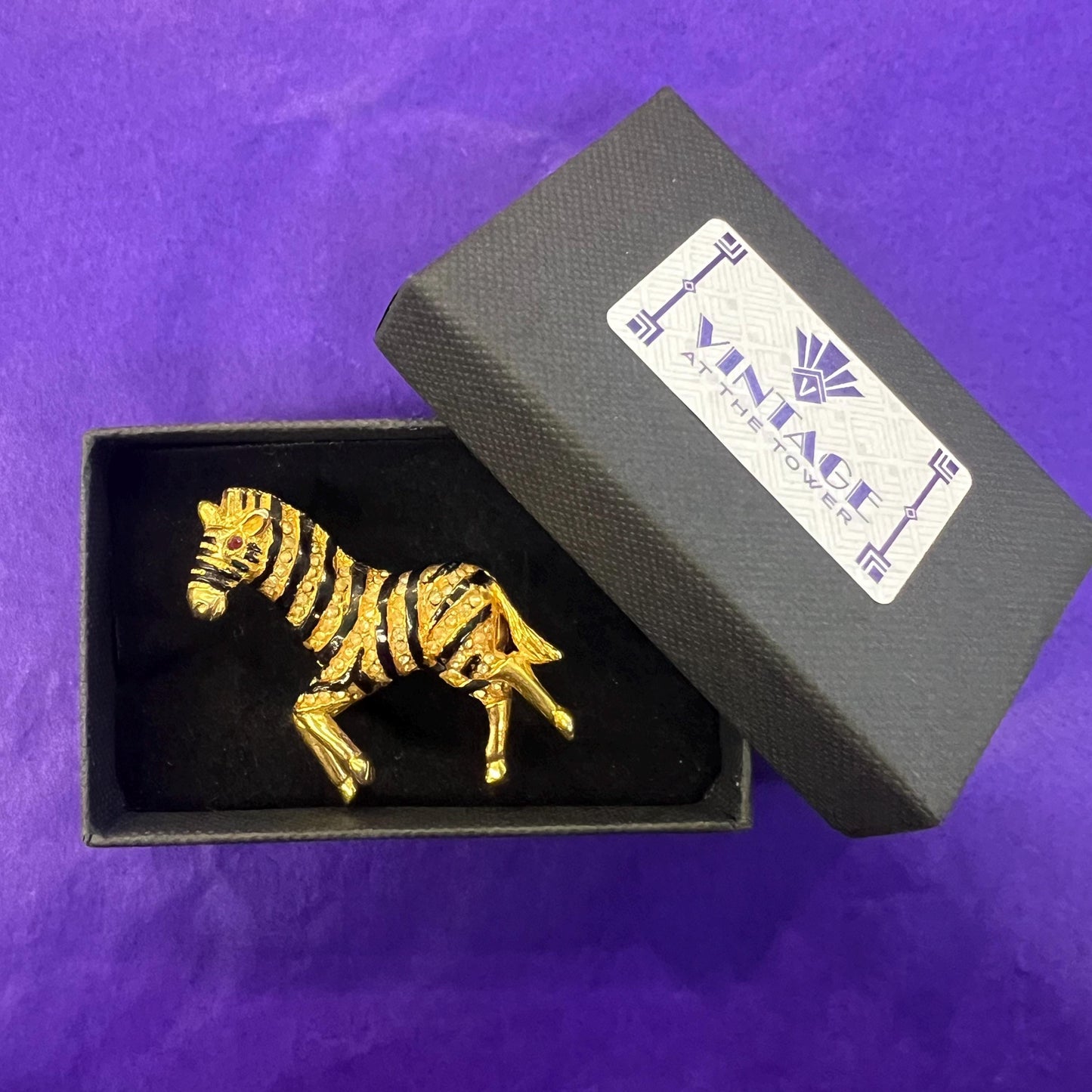 Vintage 1980s Crystal Zebra Brooch, gold tone with black enamel and rhinestones