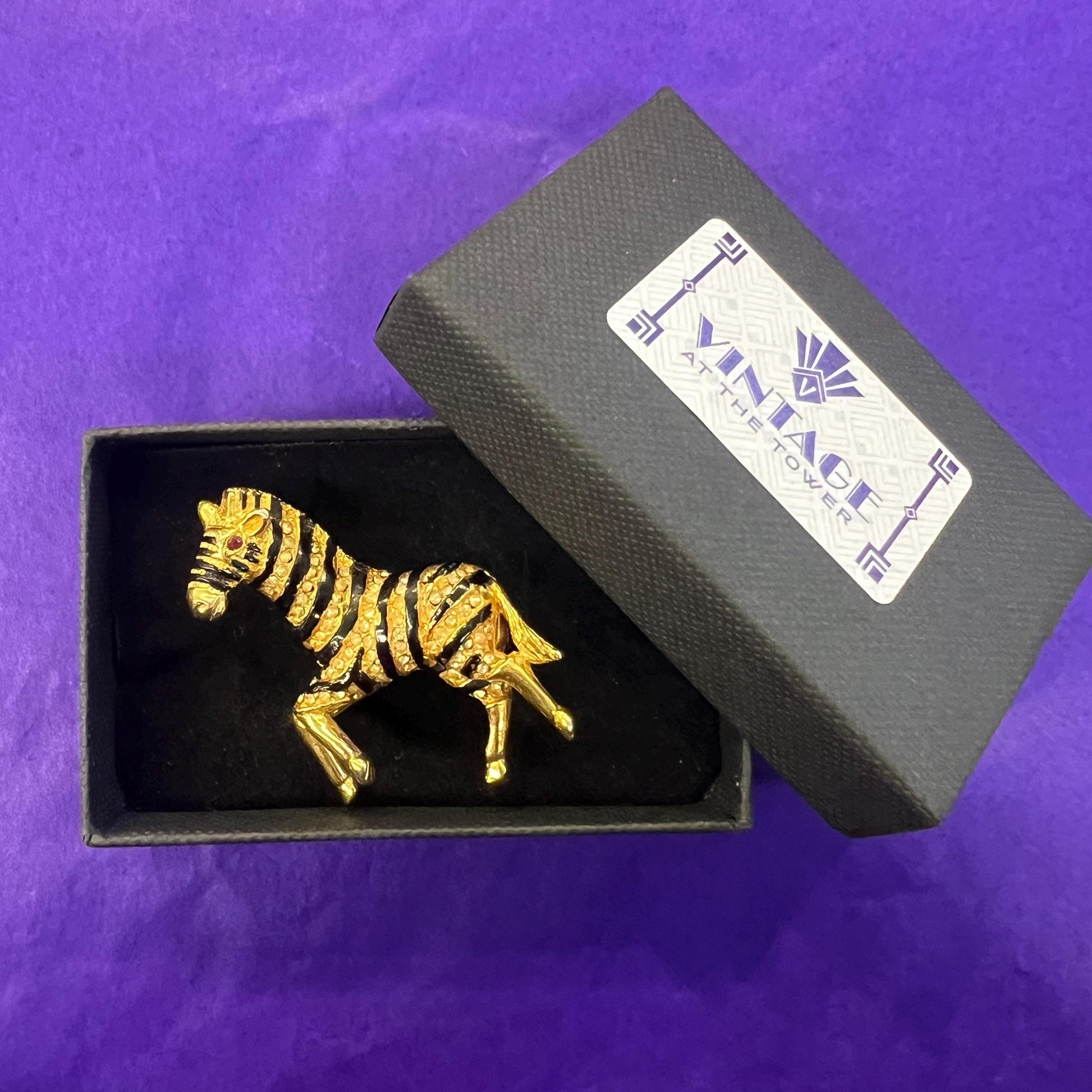 Vintage 1980s Crystal Zebra Brooch, gold tone with black enamel and rhinestones