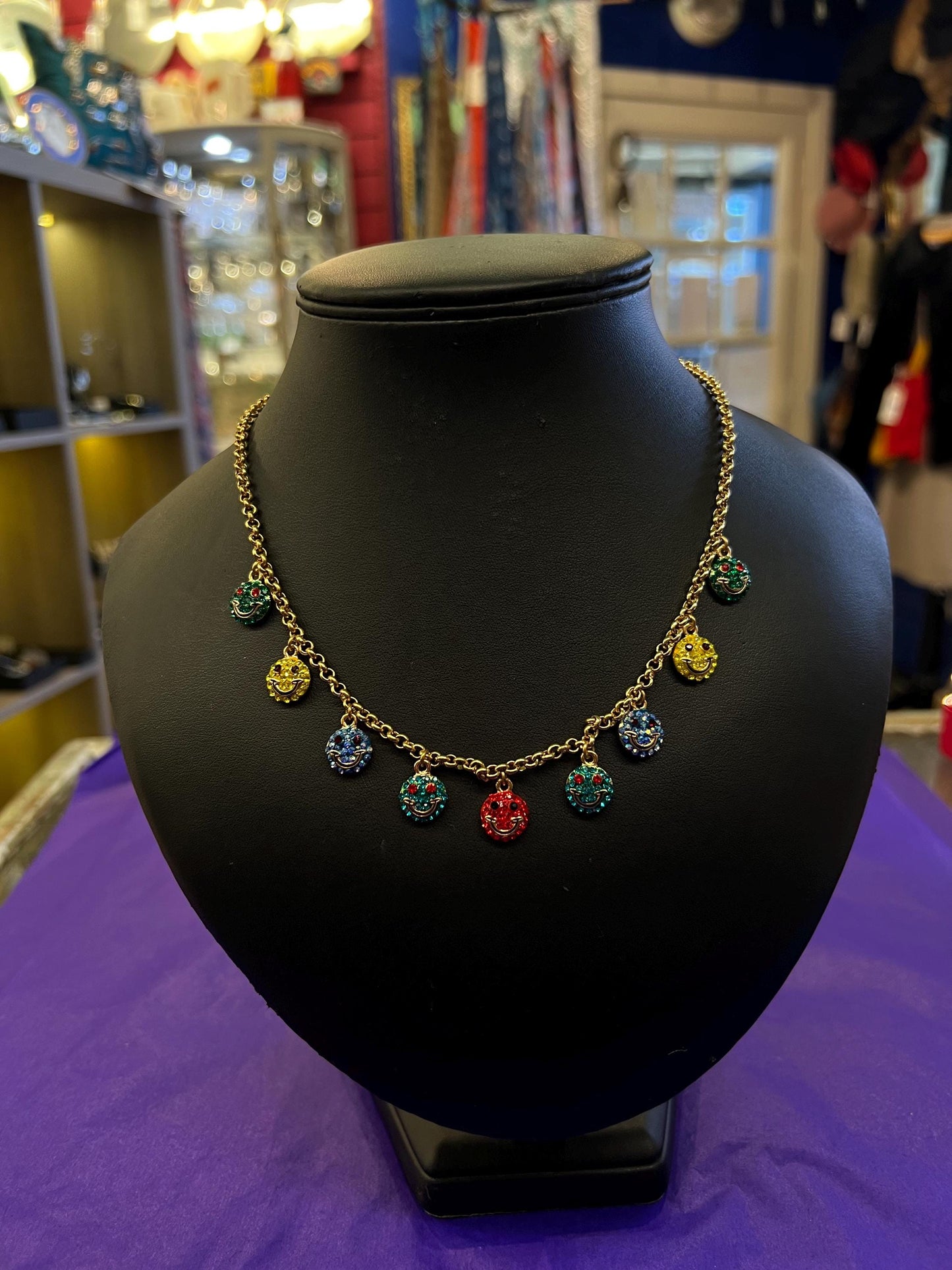 Vintage Butler and Wilson Rainbow Crystal Smiley Face Necklace and Earring Set, Gold tone with crystals