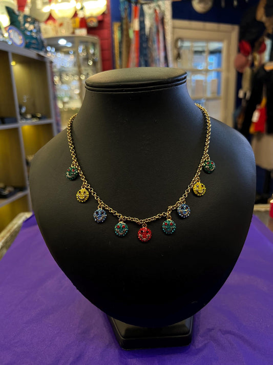 Vintage Butler and Wilson Rainbow Crystal Smiley Face Necklace and Earring Set, Gold tone with crystals