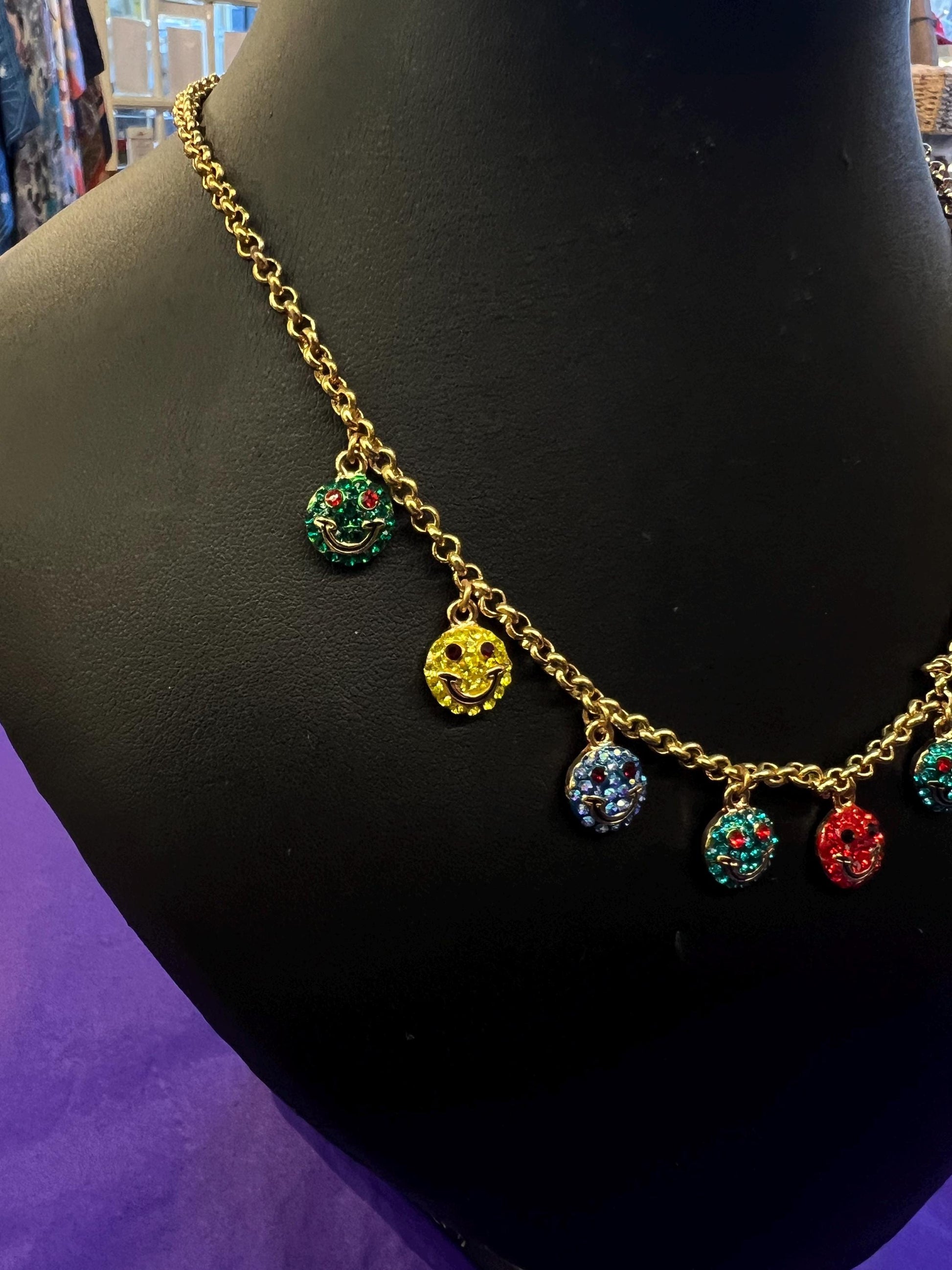 Vintage Butler and Wilson Rainbow Crystal Smiley Face Necklace and Earring Set, Gold tone with crystals
