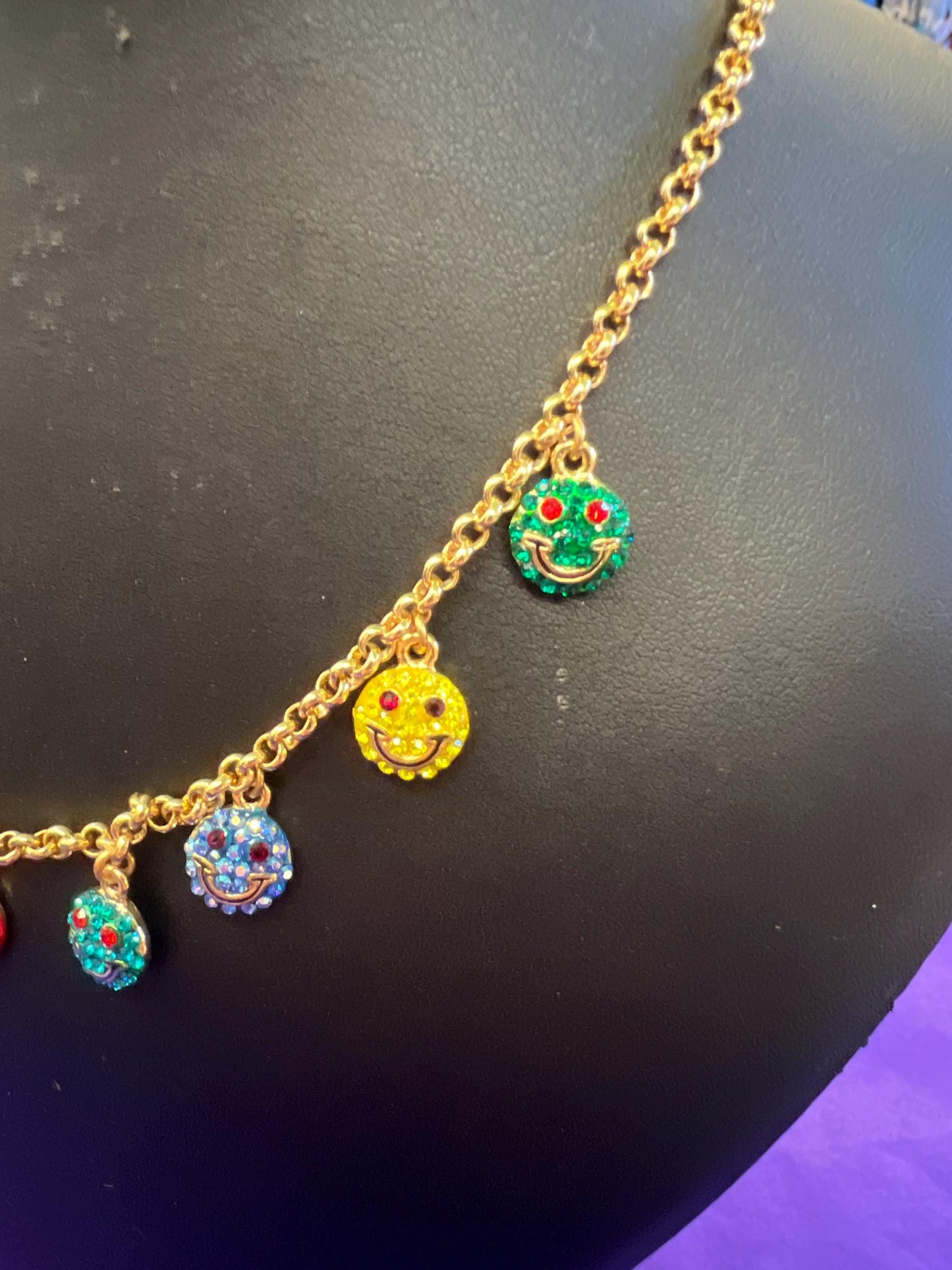 Vintage Butler and Wilson Rainbow Crystal Smiley Face Necklace and Earring Set, Gold tone with crystals