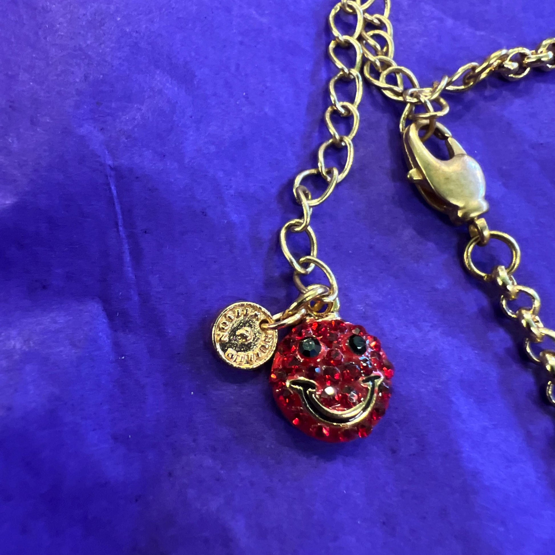 Vintage Butler and Wilson Rainbow Crystal Smiley Face Necklace and Earring Set, Gold tone with crystals