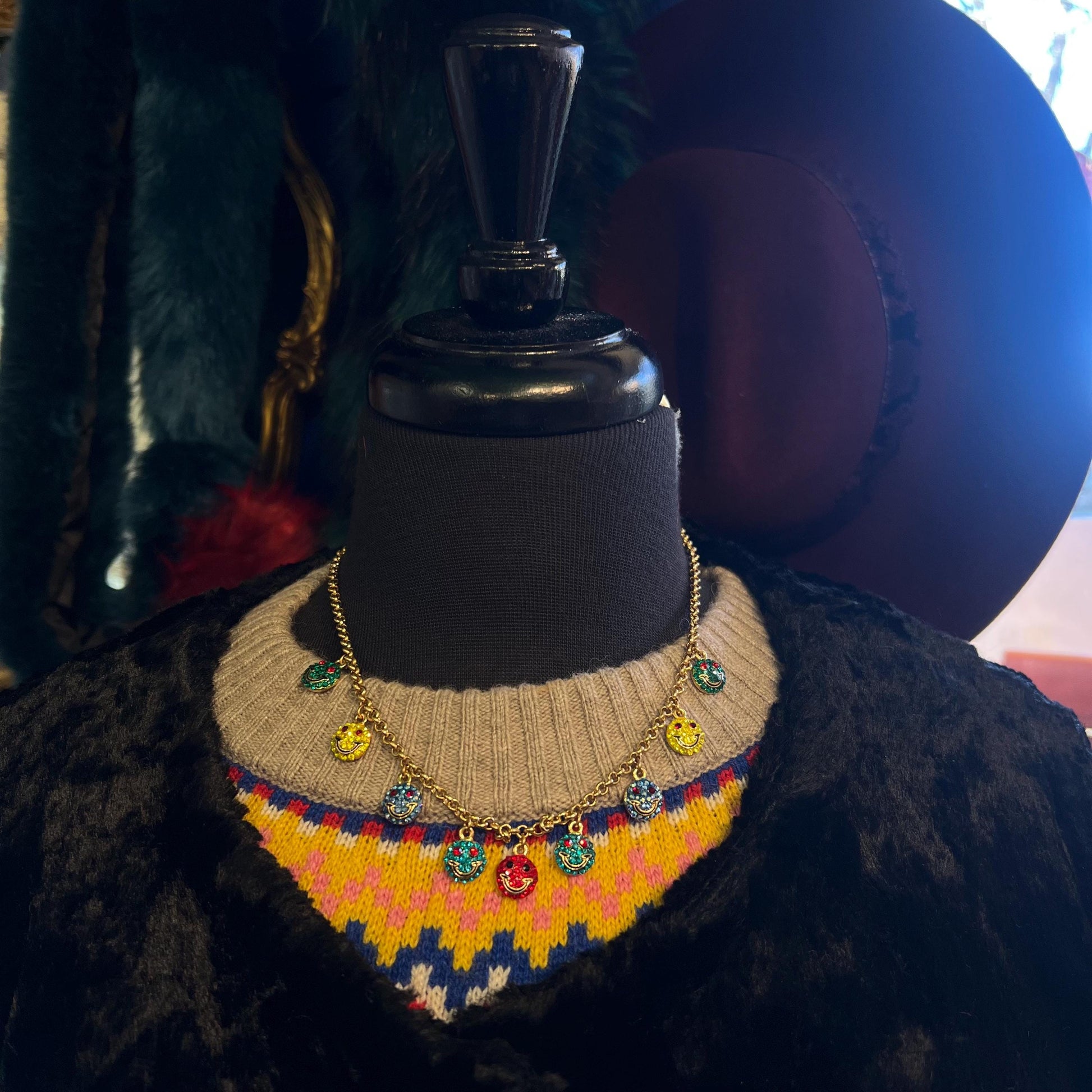 Vintage Butler and Wilson Rainbow Crystal Smiley Face Necklace and Earring Set, Gold tone with crystals