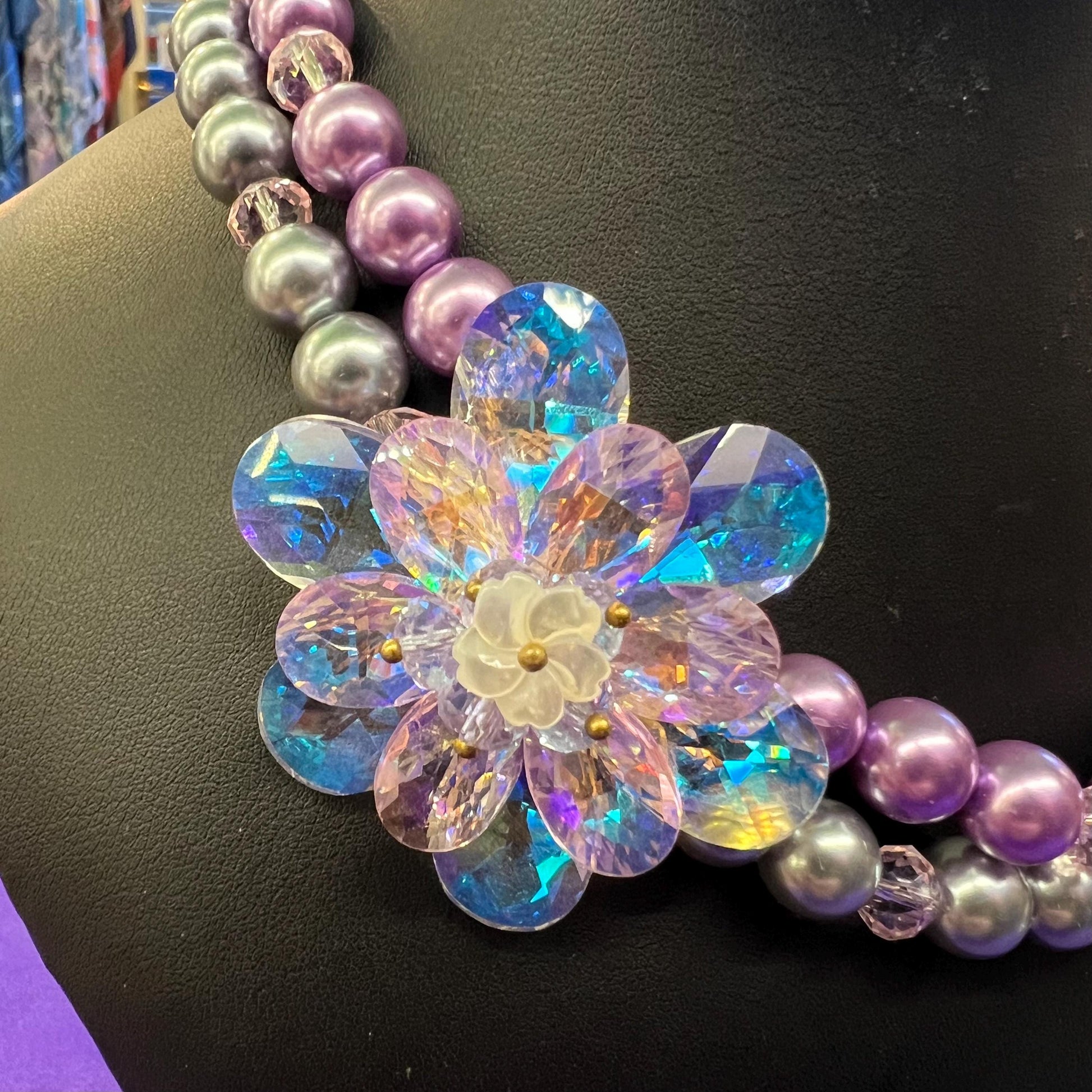 Vintage Butler and Wilson Faux Pearl and Crystal Asymmetric Floral Necklace, With Crystal Flowers - matching bracelet available separately