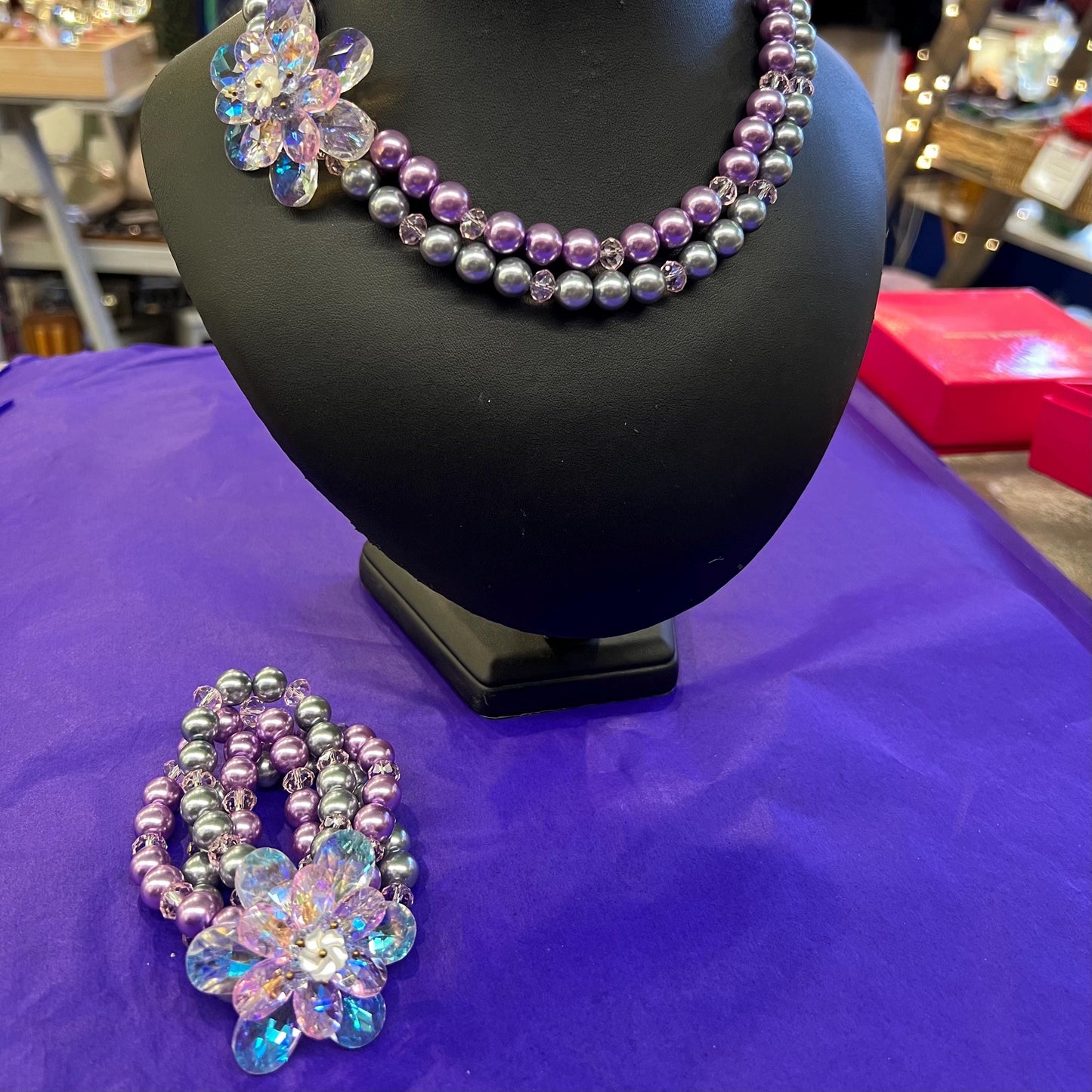 Vintage Butler and Wilson Faux Pearl and Crystal Asymmetric Floral Necklace, With Crystal Flowers - matching bracelet available separately