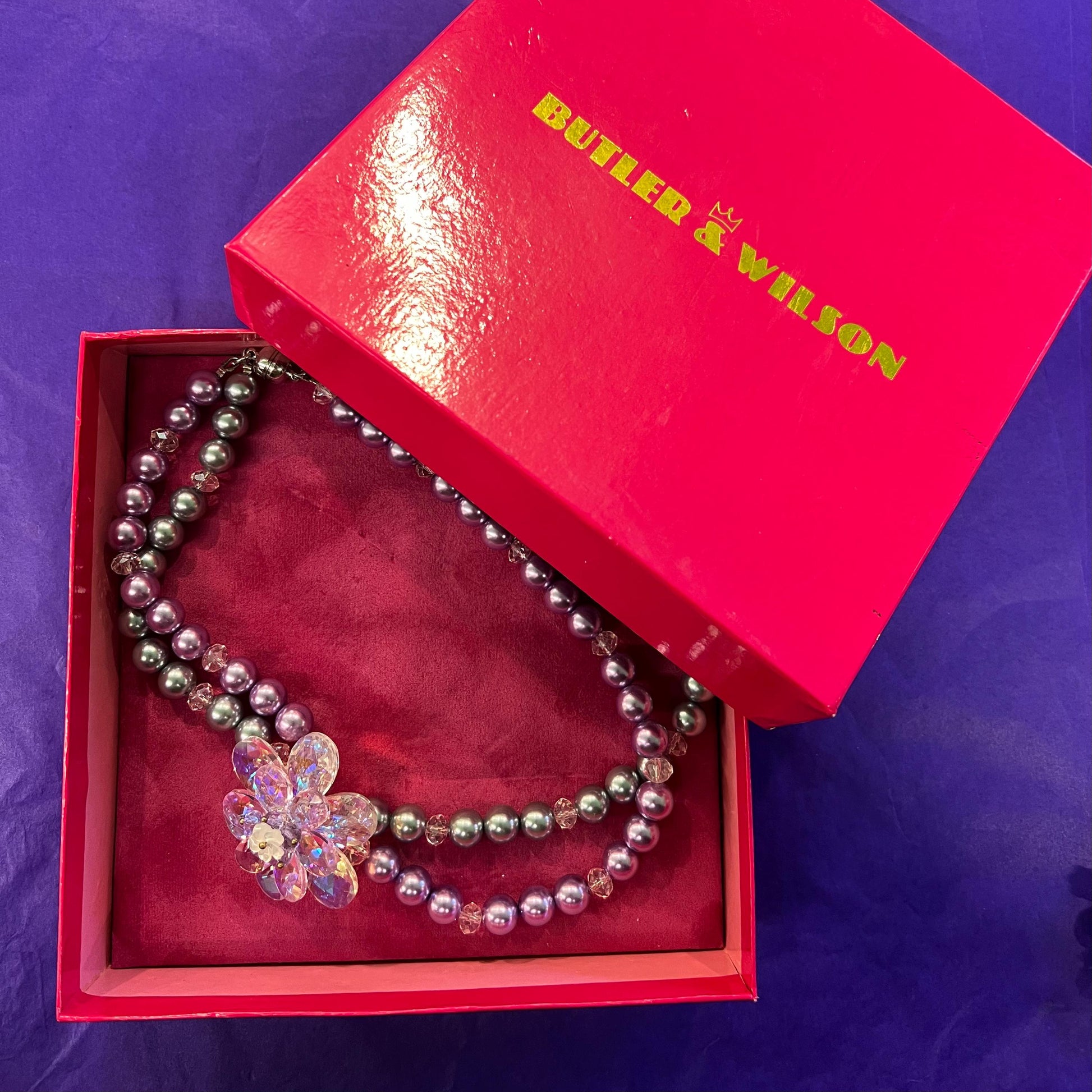 Vintage Butler and Wilson Faux Pearl and Crystal Asymmetric Floral Necklace, With Crystal Flowers - matching bracelet available separately