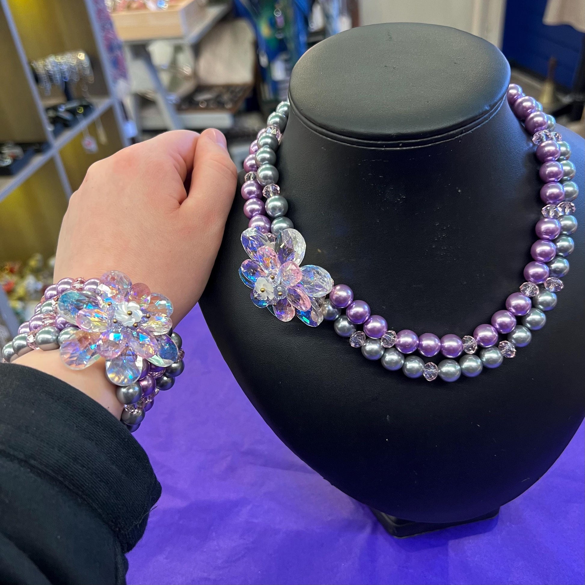 Vintage Butler and Wilson Faux Pearl and Crystal Asymmetric Floral Necklace, With Crystal Flowers - matching bracelet available separately