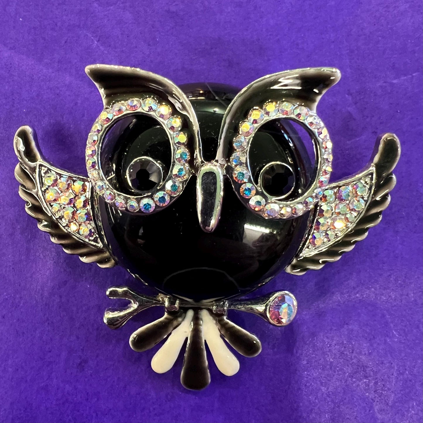 Vintage Butler and Wilson Large Crystal Owl Brooch, Onyx Gemstone and Aurora Borealis Rhinestones