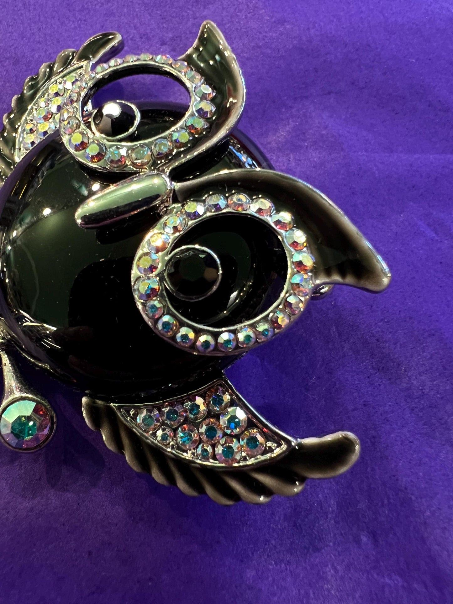 Vintage Butler and Wilson Large Crystal Owl Brooch, Onyx Gemstone and Aurora Borealis Rhinestones