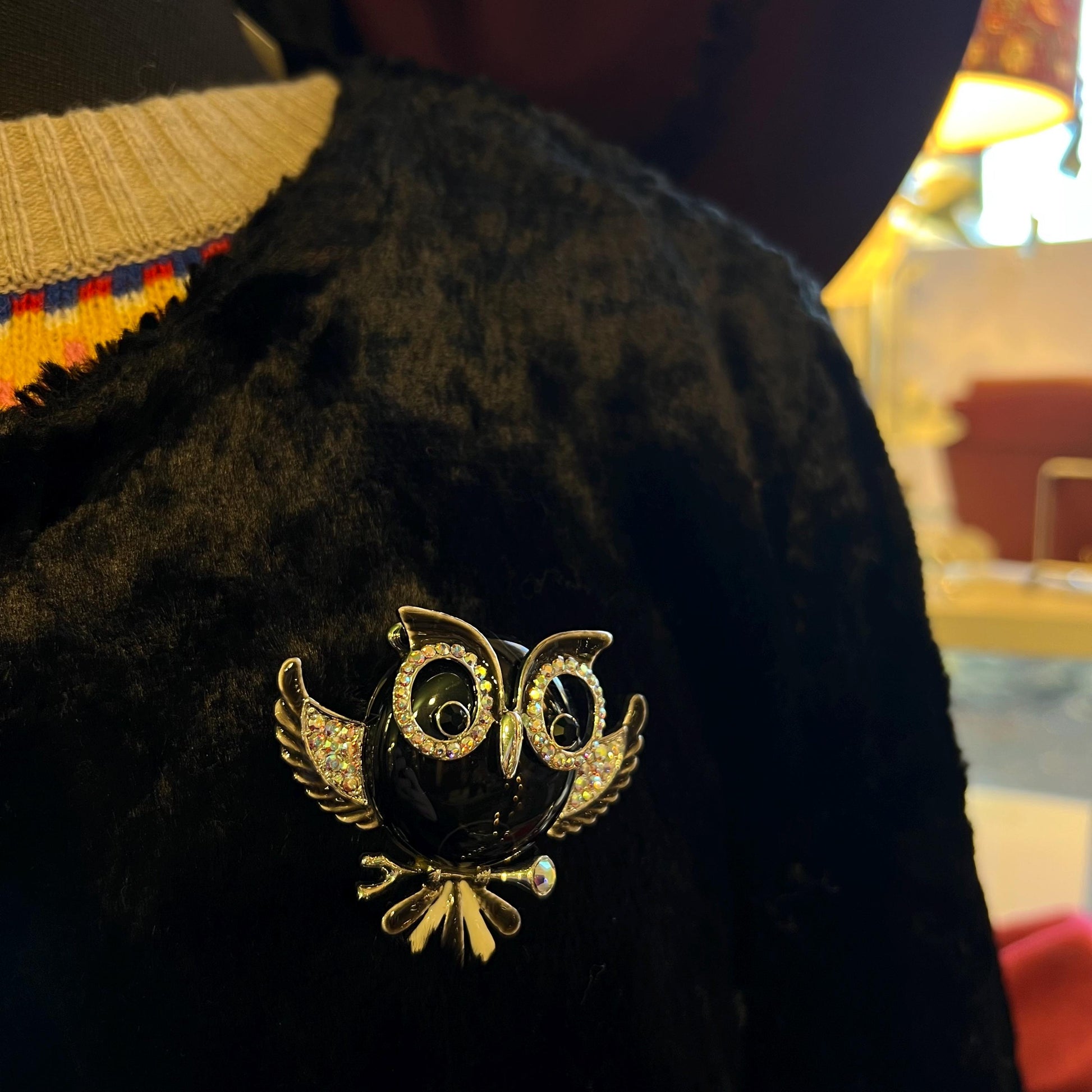 Vintage Butler and Wilson Large Crystal Owl Brooch, Onyx Gemstone and Aurora Borealis Rhinestones