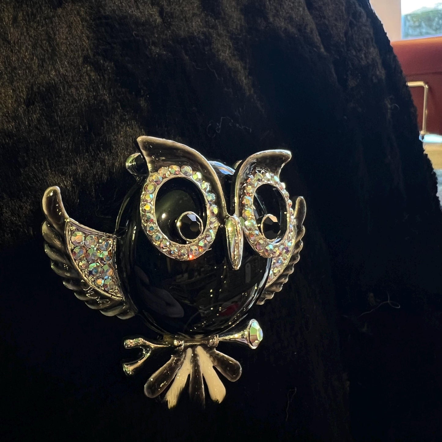 Vintage Butler and Wilson Large Crystal Owl Brooch, Onyx Gemstone and Aurora Borealis Rhinestones