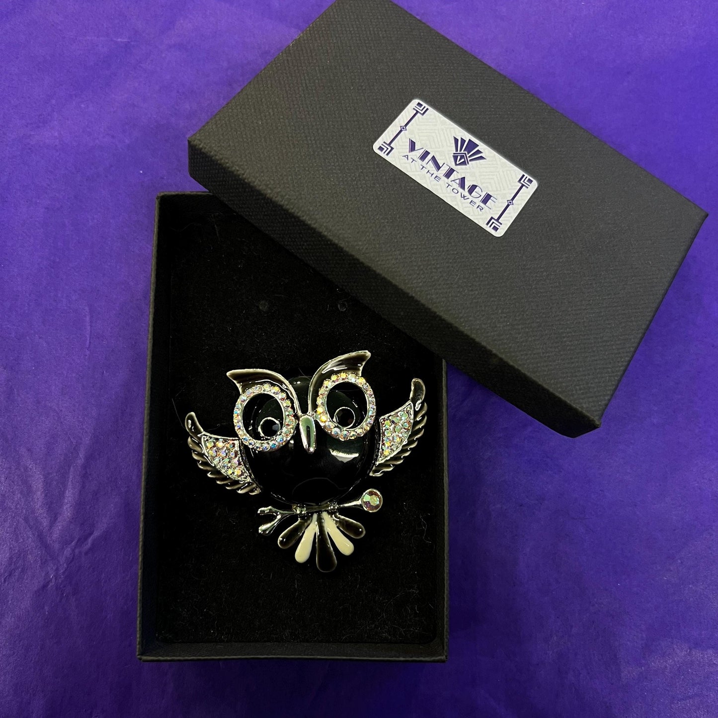 Vintage Butler and Wilson Large Crystal Owl Brooch, Onyx Gemstone and Aurora Borealis Rhinestones