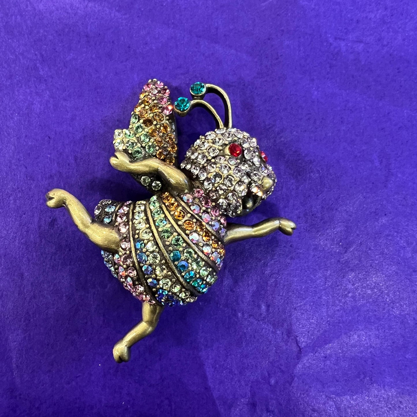 Vintage Butler and Wilson Crystal Dancing Bee Brooch, Old gold tone with pastel Ombré rhinestones
