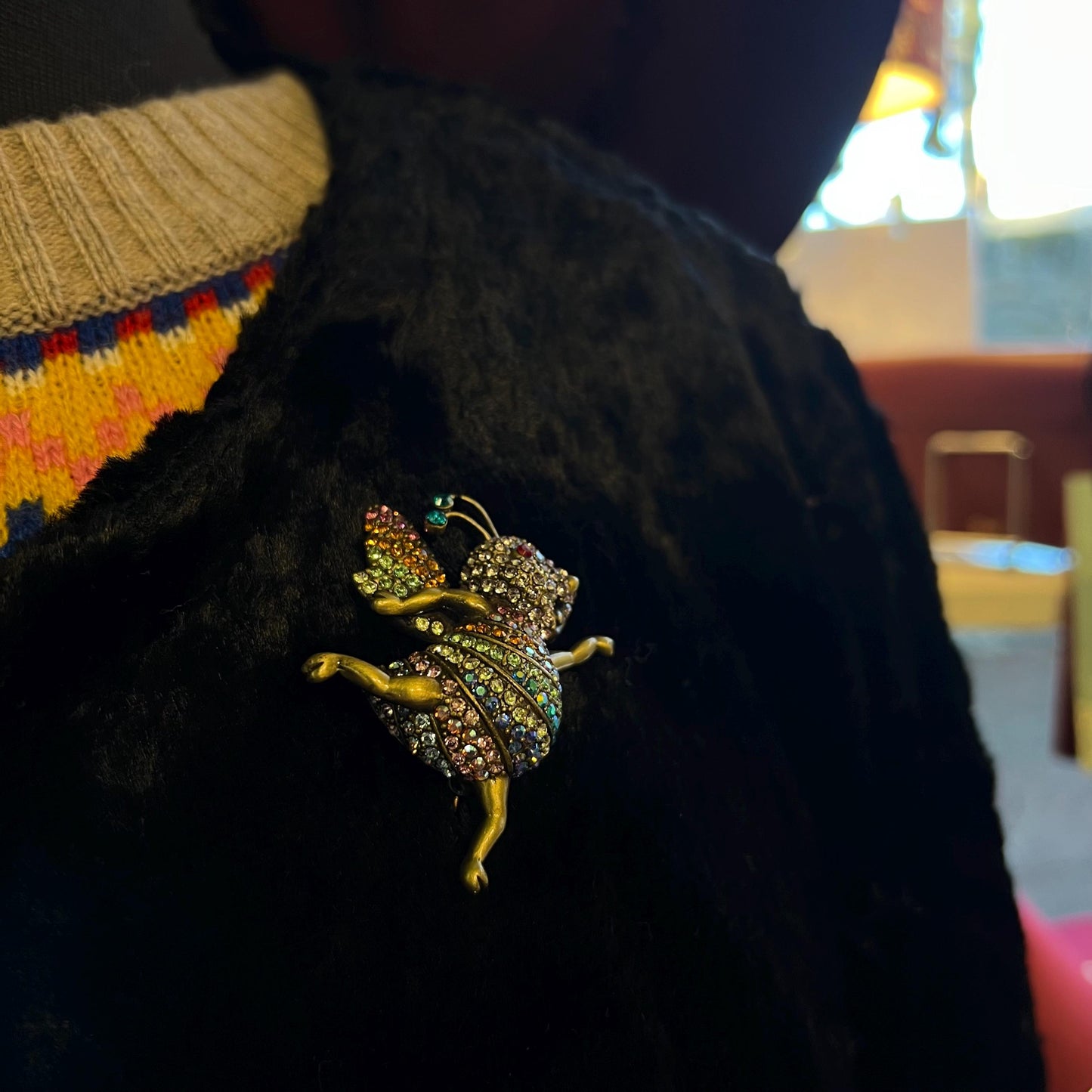 Vintage Butler and Wilson Crystal Dancing Bee Brooch, Old gold tone with pastel Ombré rhinestones