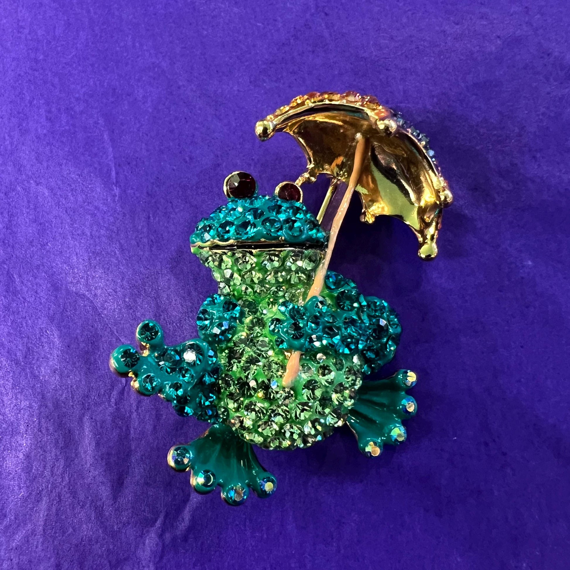 Vintage Butler and Wilson Quirky Crystal Frog with Umbrella Brooch, Gold tone with vibrant rhinestones, unique gift