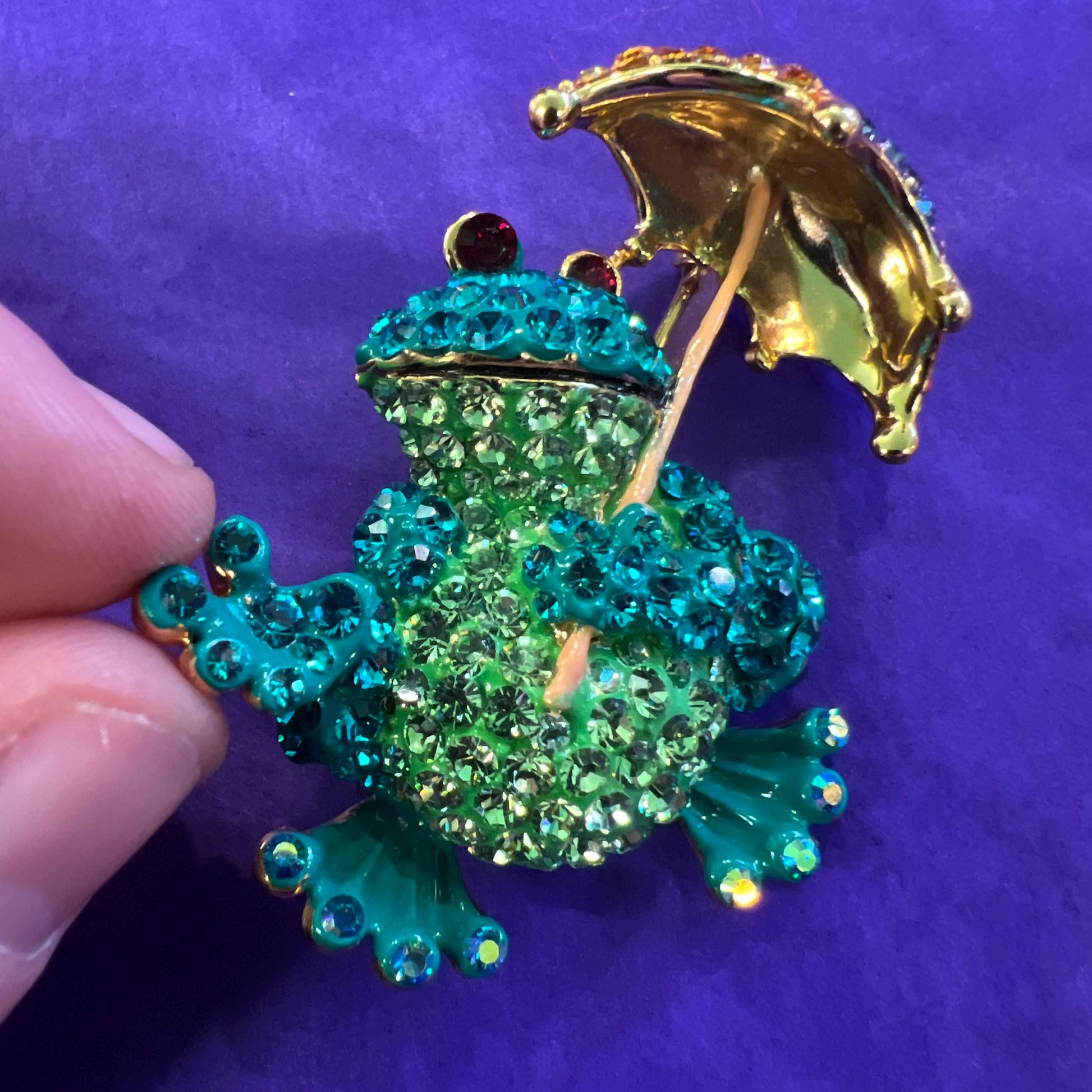 Vintage Butler and Wilson Quirky Crystal Frog with Umbrella Brooch, Gold tone with vibrant rhinestones, unique gift