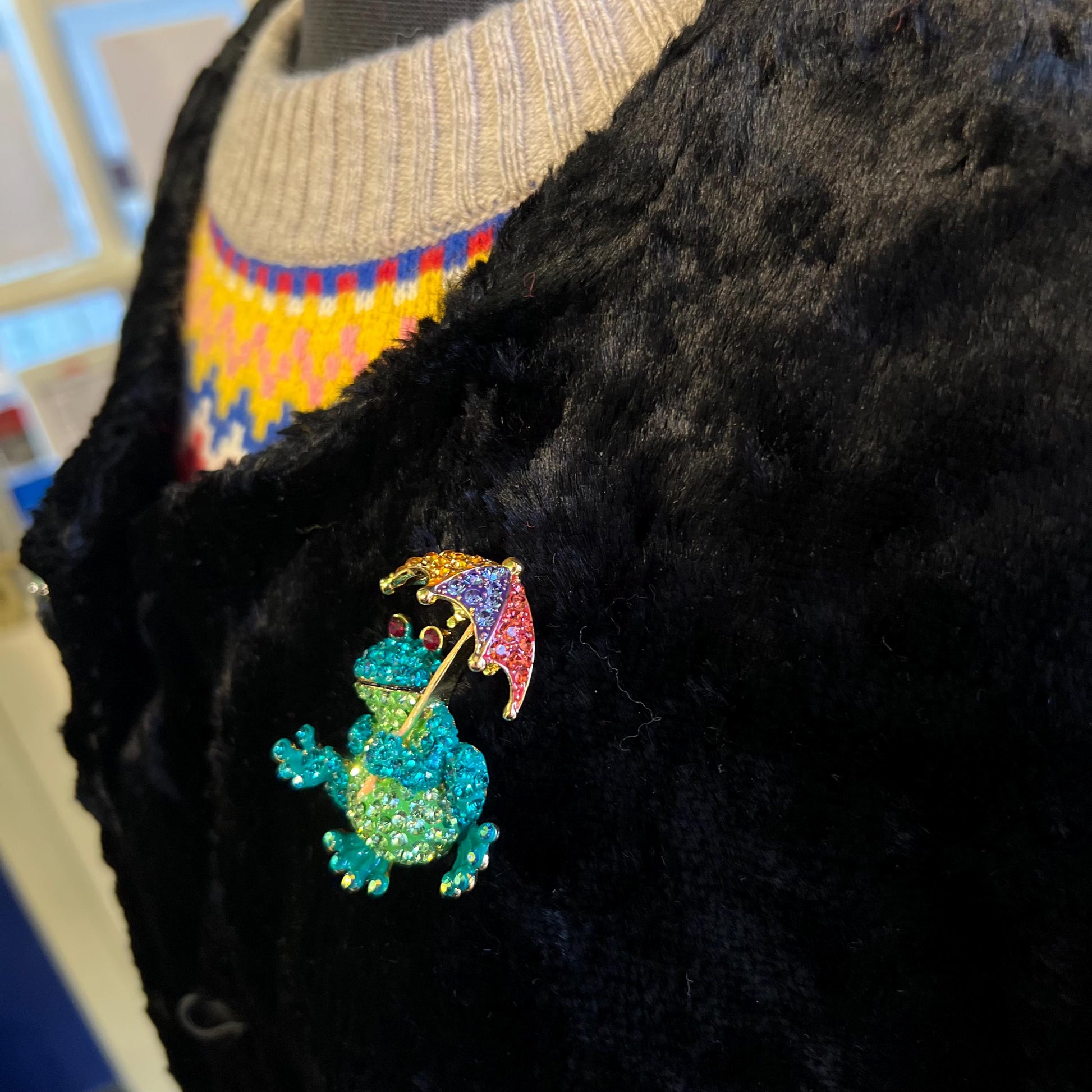 Vintage Butler and Wilson Quirky Crystal Frog with Umbrella Brooch, Gold tone with vibrant rhinestones, unique gift