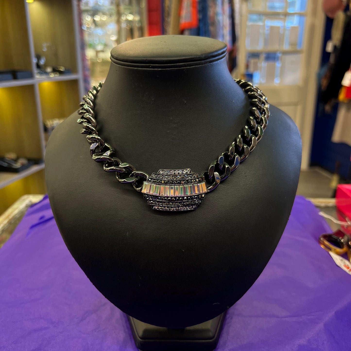 Vintage Butler and Wilson Statement Pewter tone Crystal necklace, Aurora Borealis Crystals and Chunky Pewter Tone Chain