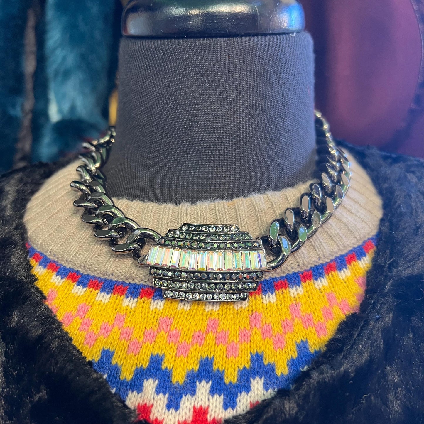 Vintage Butler and Wilson Statement Pewter tone Crystal necklace, Aurora Borealis Crystals and Chunky Pewter Tone Chain