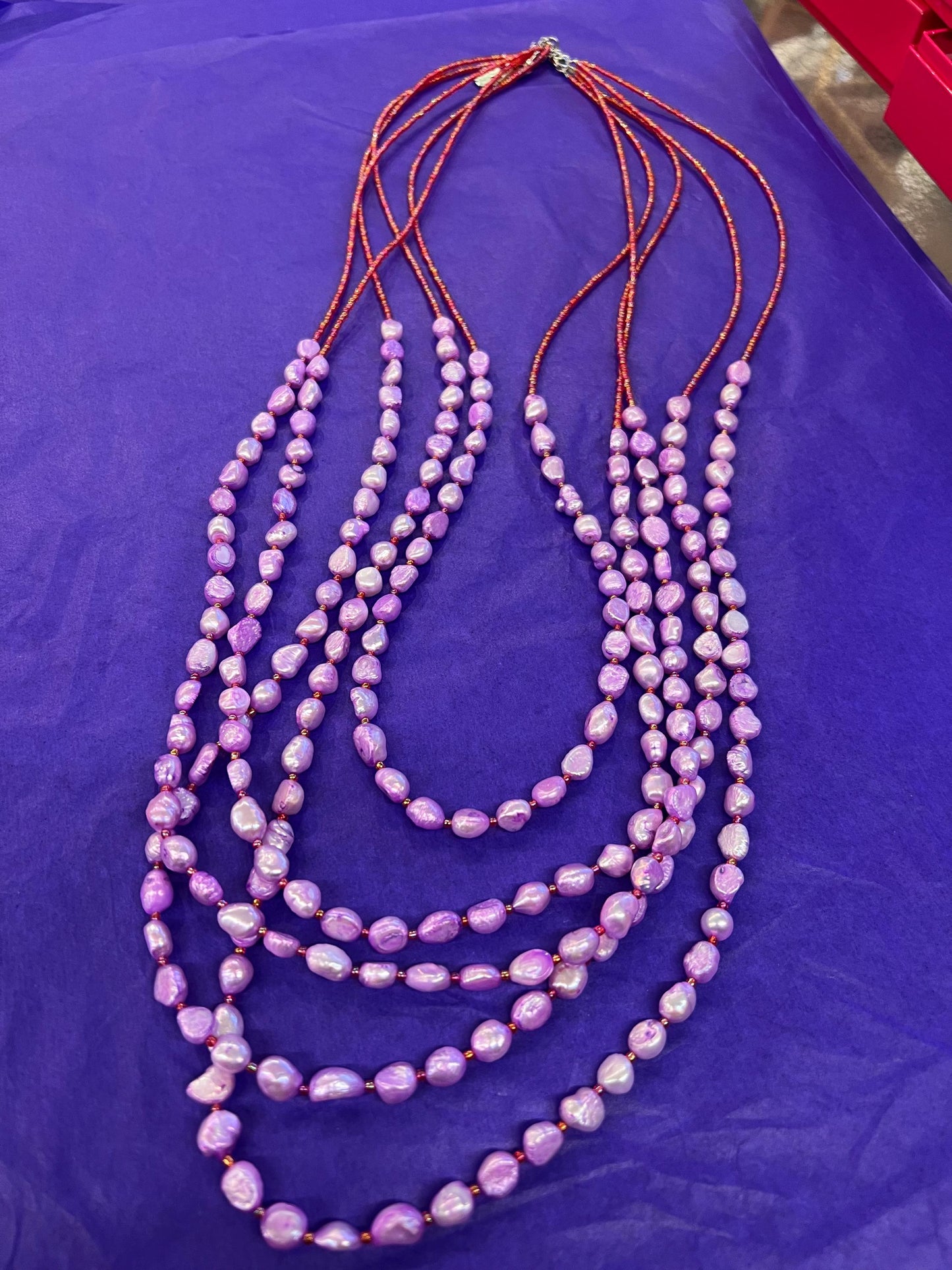 Vintage Butler and Wilson Fresh Water Pearl multistrand long layered statement necklace, lilac dyed organic pearls